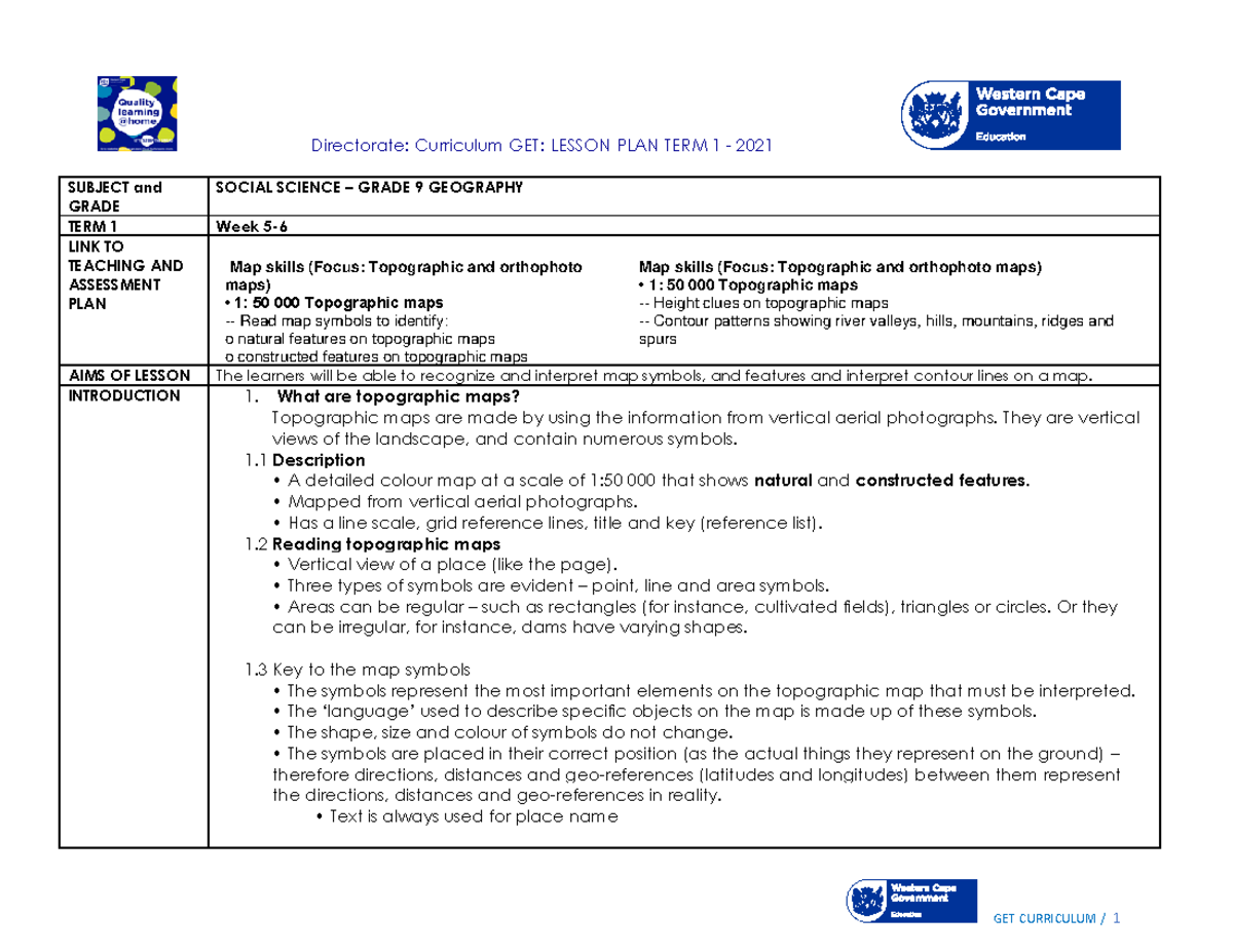 Lesson Plan SP Grade 9 SS Geography T1 W3 - Directorate: Curriculum GET ...