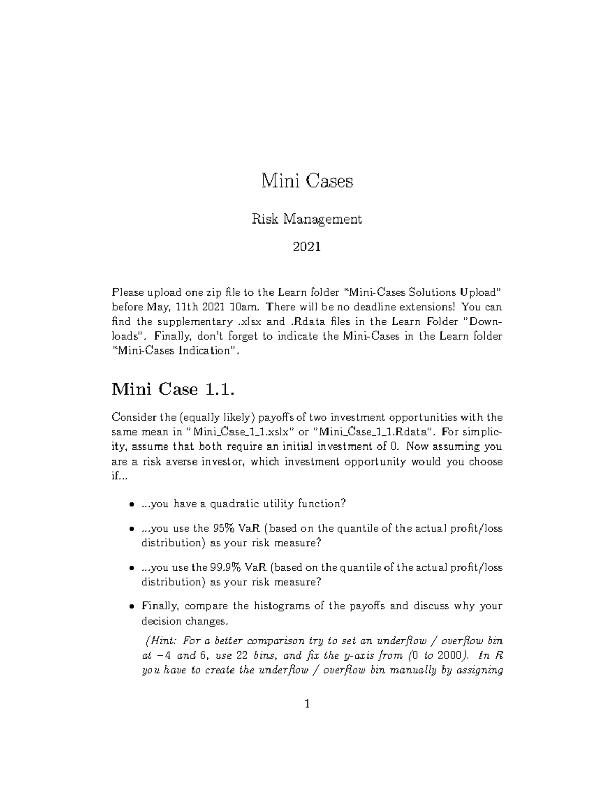 Mini Cases Unit 1 Mini Cases Risk Management 2021 Please upload one