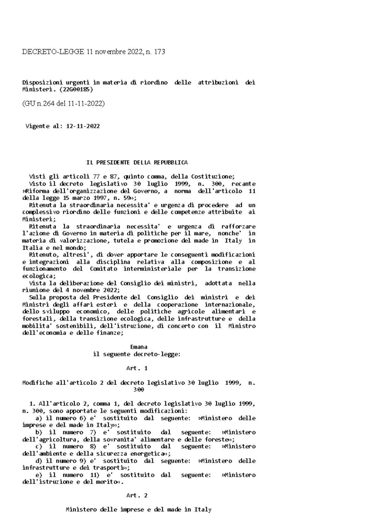 Decreto Legge 173 Del 11-11-2022 - DECRETO-LEGGE 11 Novembre 2022, N ...