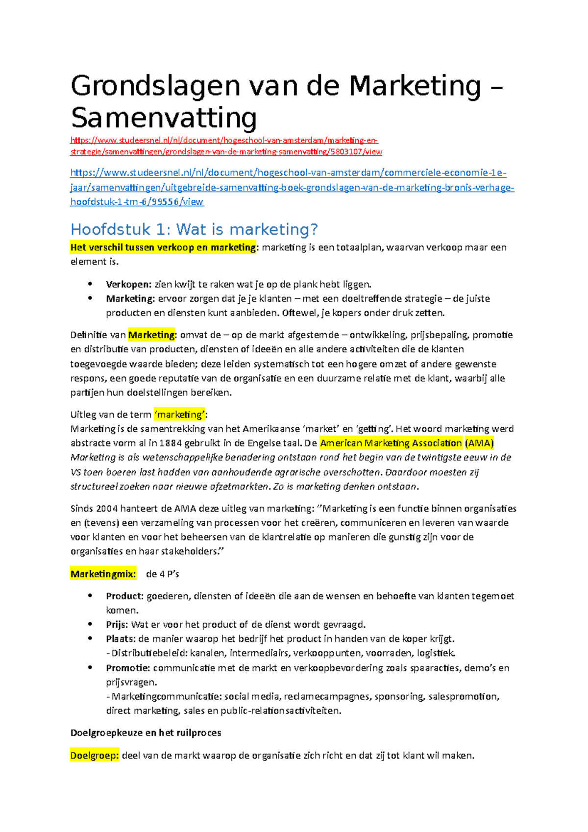 Grondslagen Van De Marketing Samenvatting - Grondslagen Van De ...