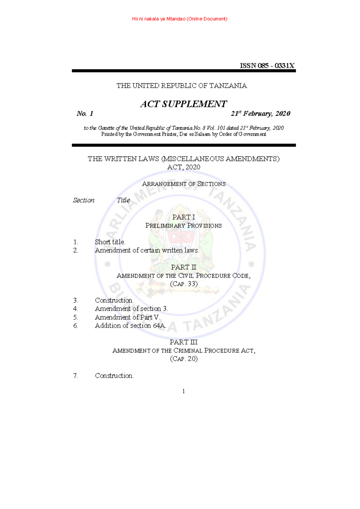 Amendment TO THE CPC & GPA - No. 1 The Written Laws (Miscellaneous Amendments) Act 2 020 ISSN ...