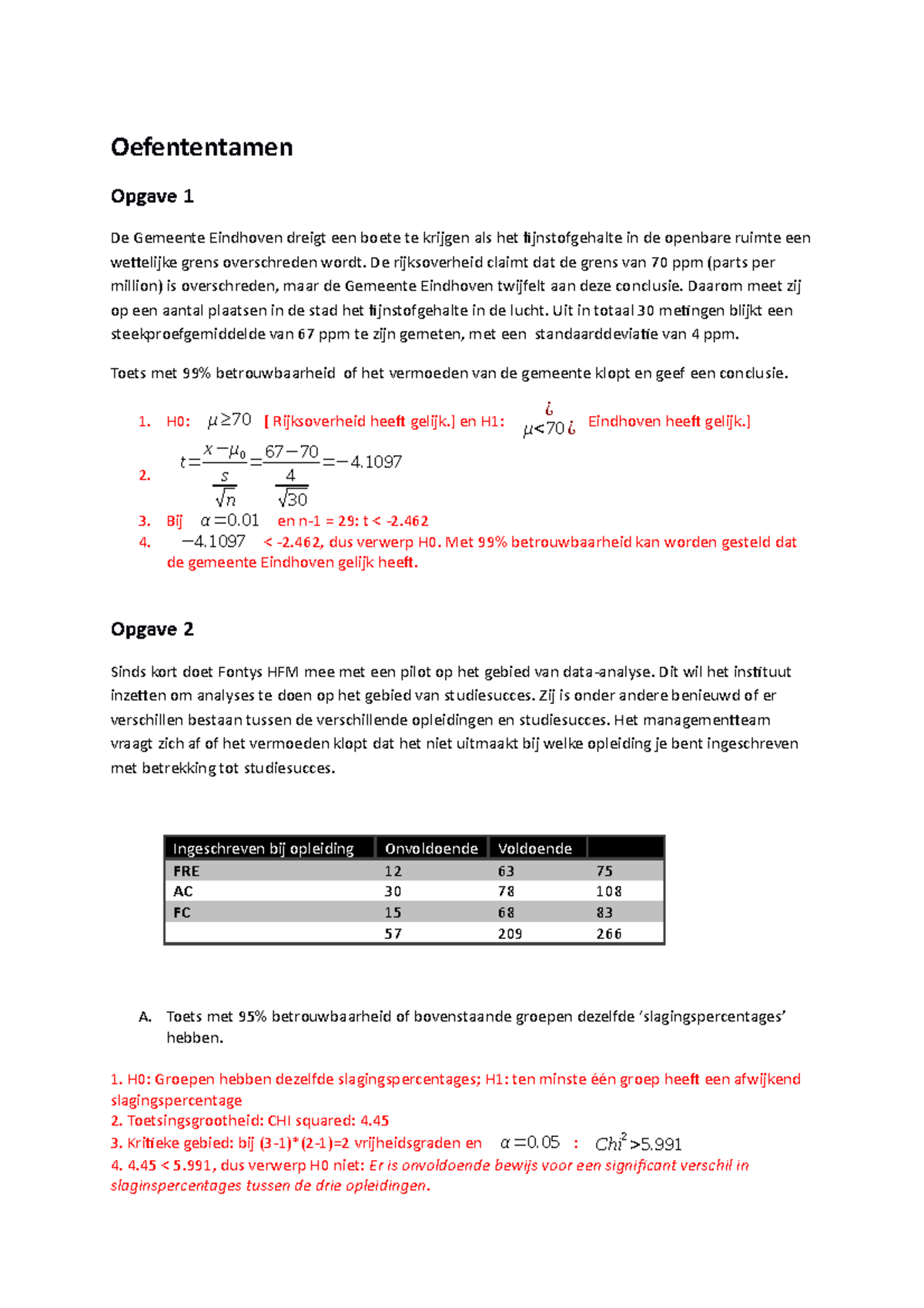 Oefententamen Statistiek Uitwerkingen.docx - Oefententamen Opgave 1 De ...