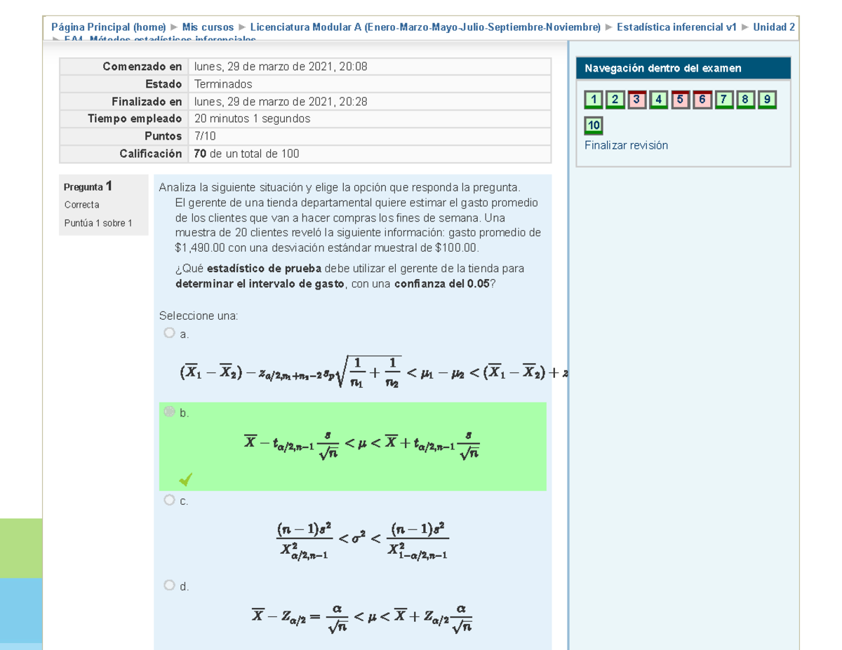 EA4. Métodos estadísticos inferenciales Examen - Página Principal (home ...