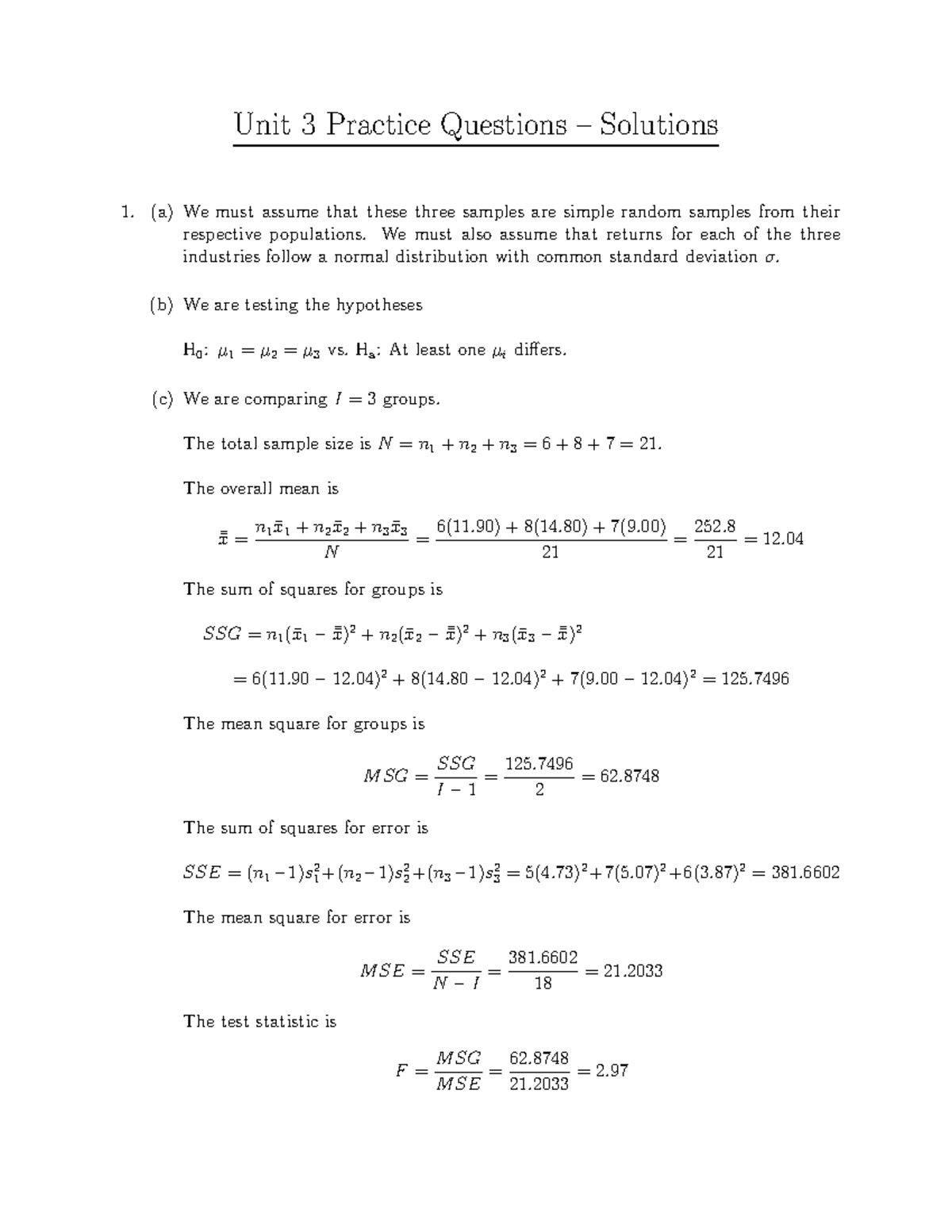 A3Solutions - solutions - Unit 3 Practice Questions – Solutions (a) We ...