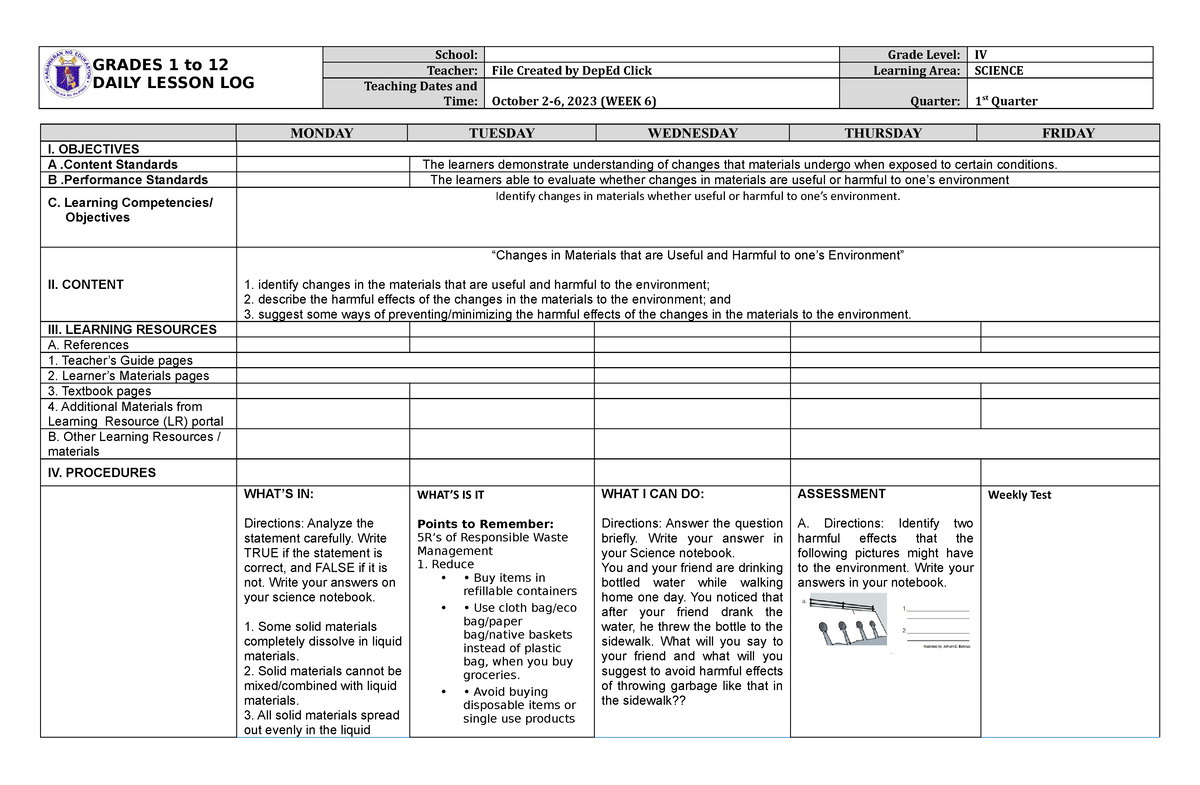 DLL Science 4 Q1 W6 - DLL - GRADES 1 To 12 DAILY LESSON LOG School ...