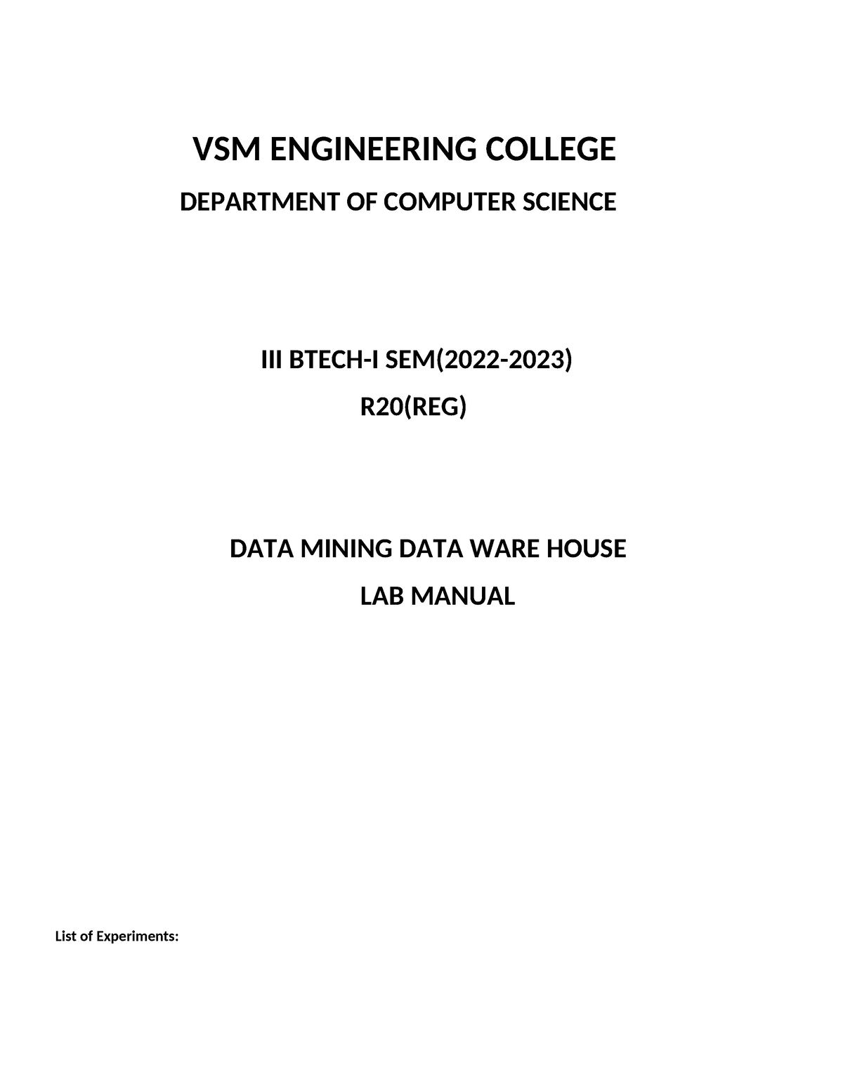 DWDM LAB ManuaAL VSM ENGINEERING COLLEGE DEPARTMENT OF COMPUTER