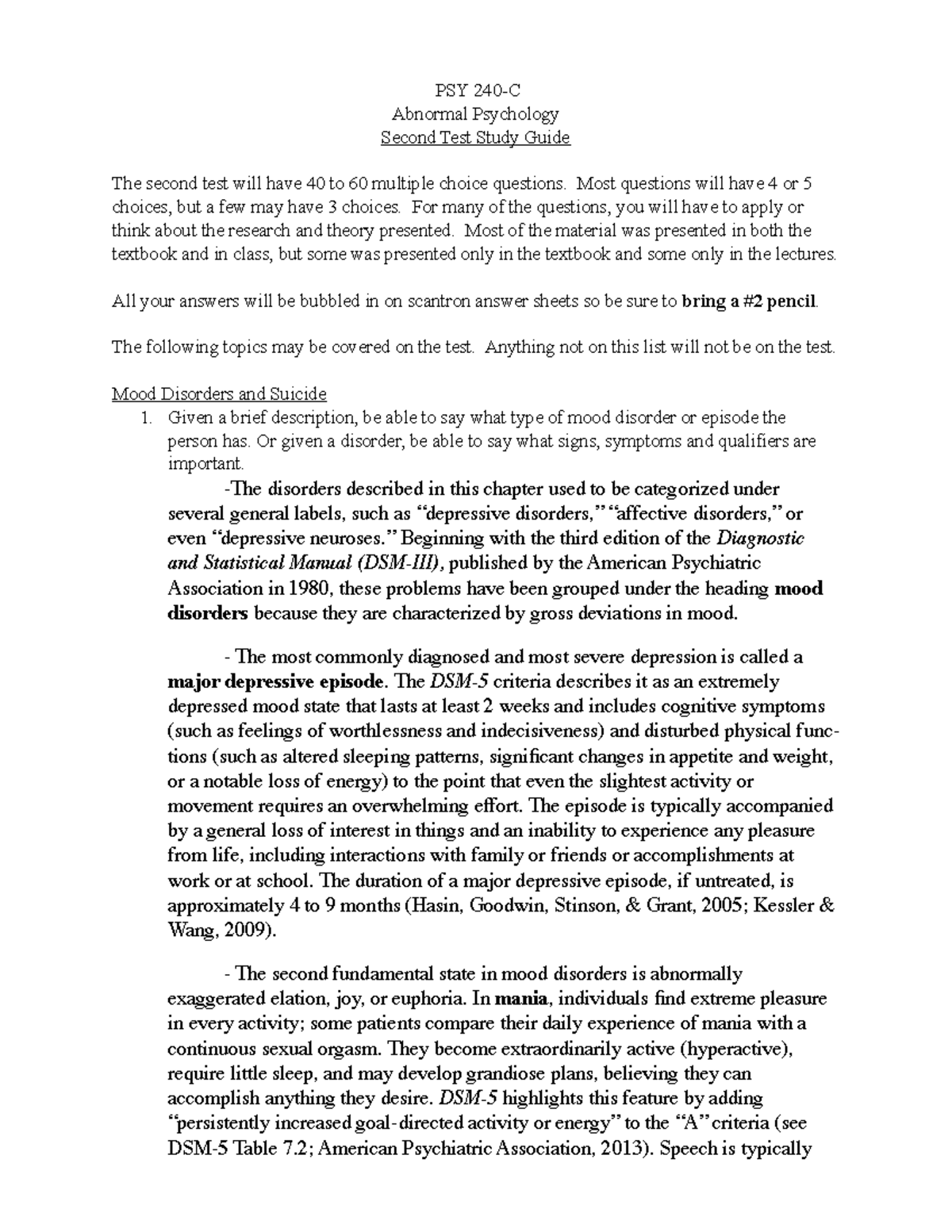 Study guide psych - PSY Abnormal Psychology Second Test Study Guide The ...