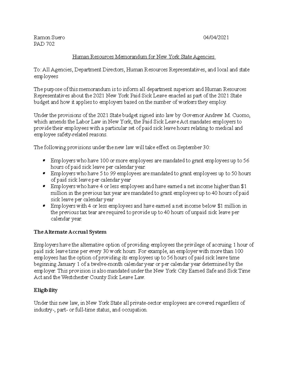 Human Resources Management HR Memo Project Ramon Suero 04/04/ PAD 702