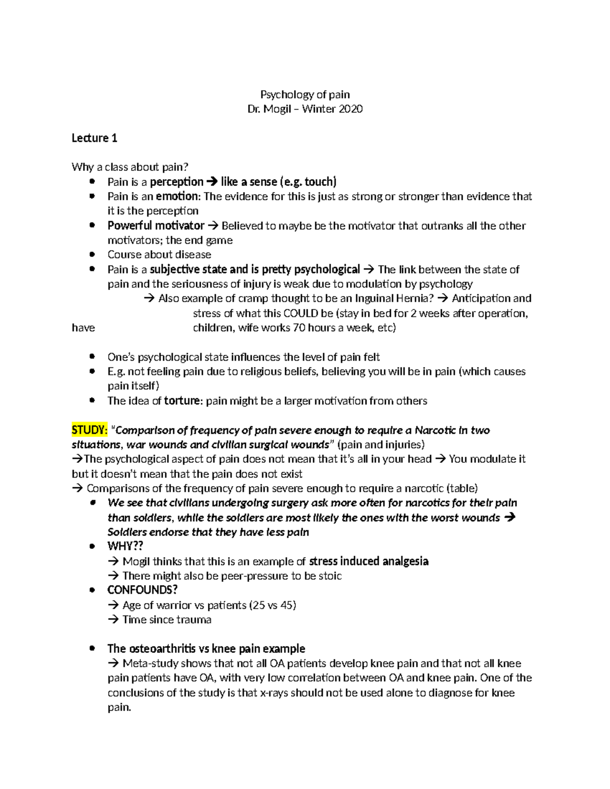 302 PAIN - All lecture notes for psychology of pain - Psychology of ...
