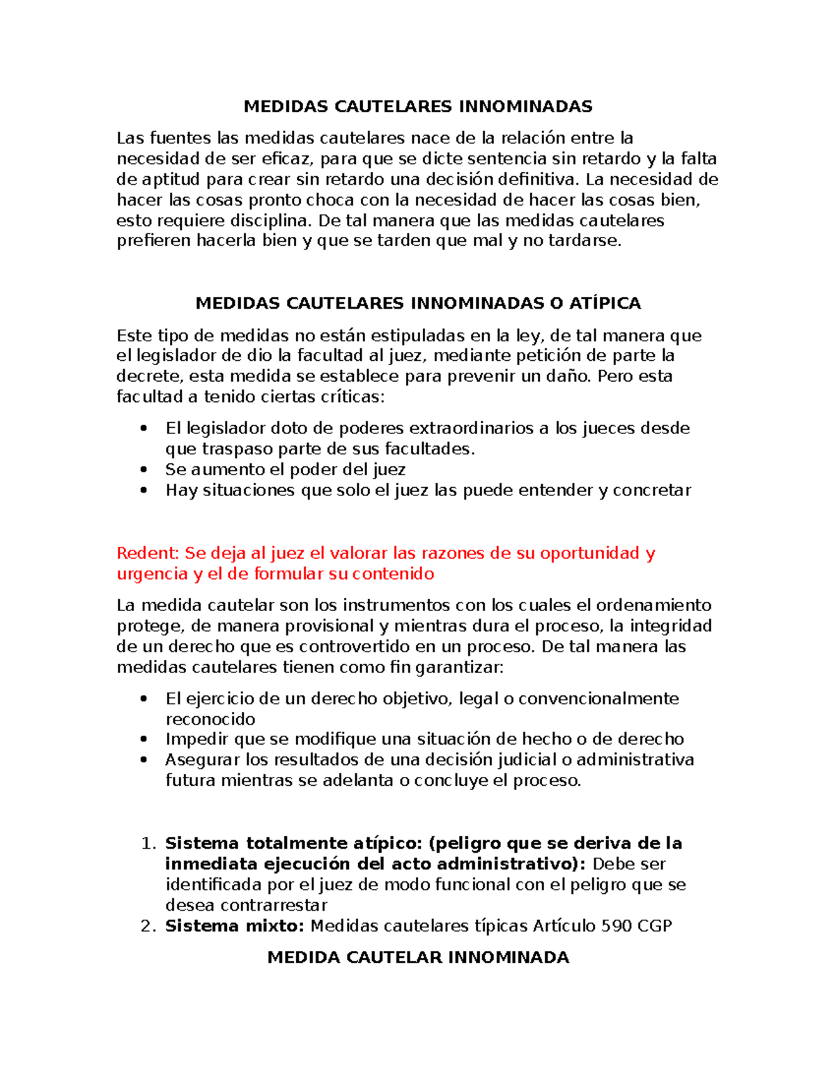 Resumen Documento Medidas Cautelares Innominadas - MEDIDAS CAUTELARES ...