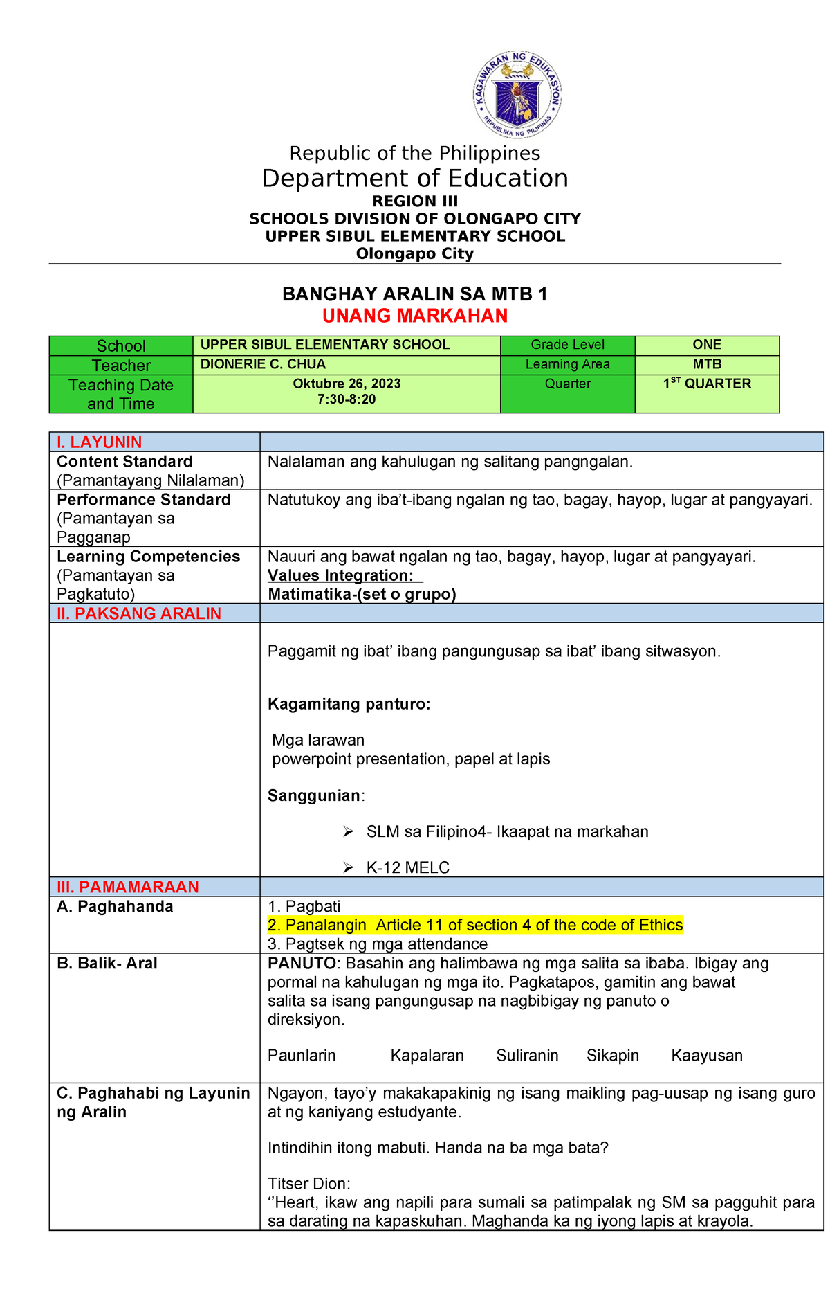 Cot 1 2023 2024 Na Republic Of The Philippines Department Of Education Region Iii Schools 0396