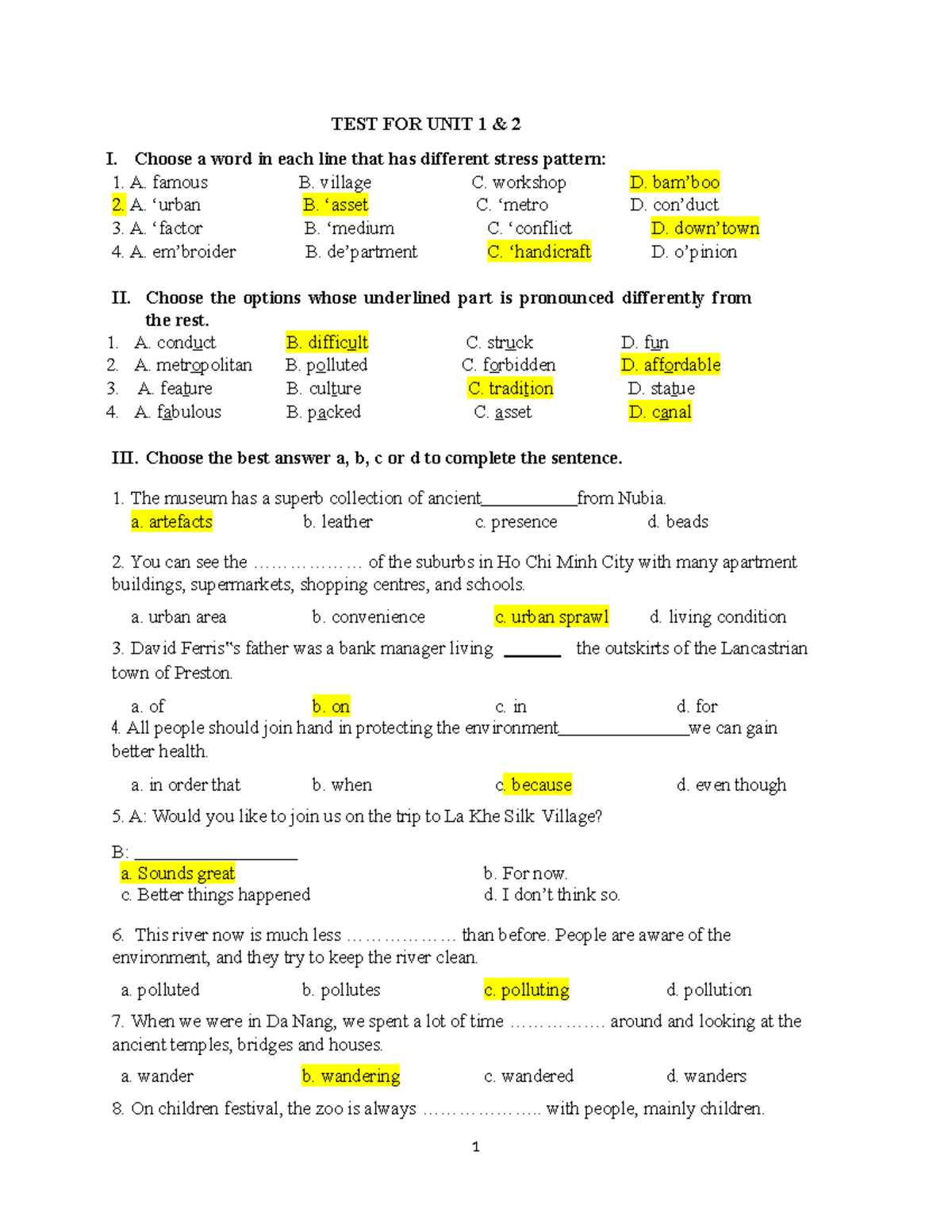 TEST FOR UNIT 1&2 - test - TEST FOR UNIT 1 & 2 I. Choose a word in each ...