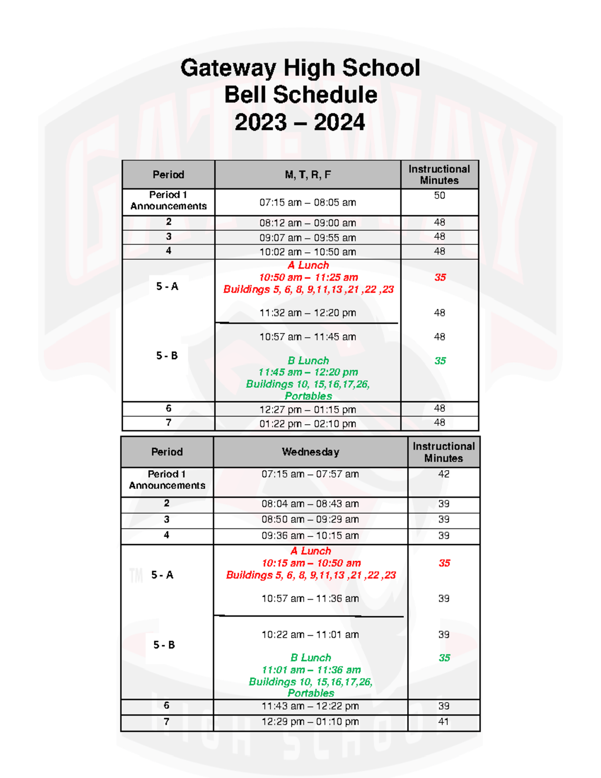 23.24 Bell Schedule .nsnsn Gateway High School Bell Schedule