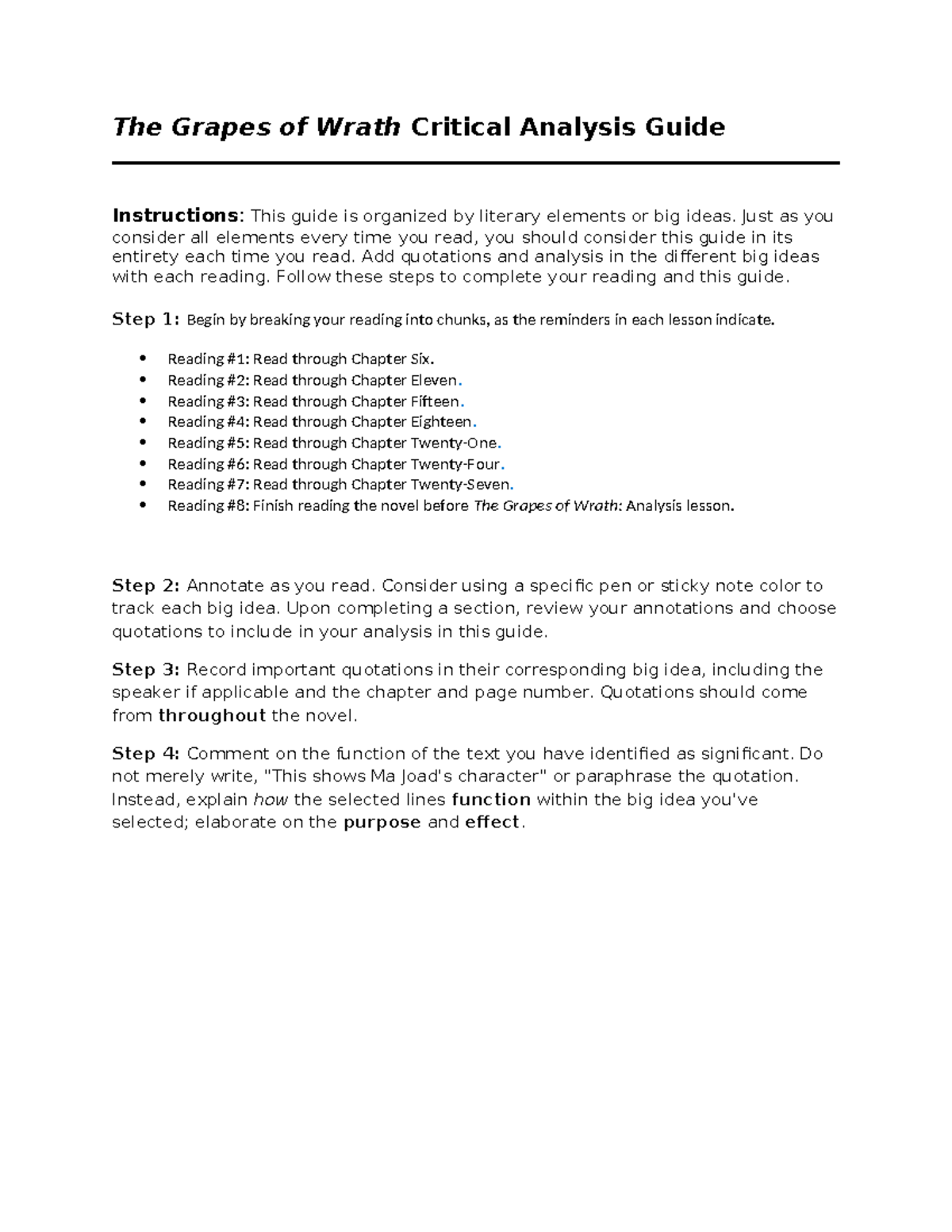 Critical analysis The Grapes of Wrath Critical Analysis Guide