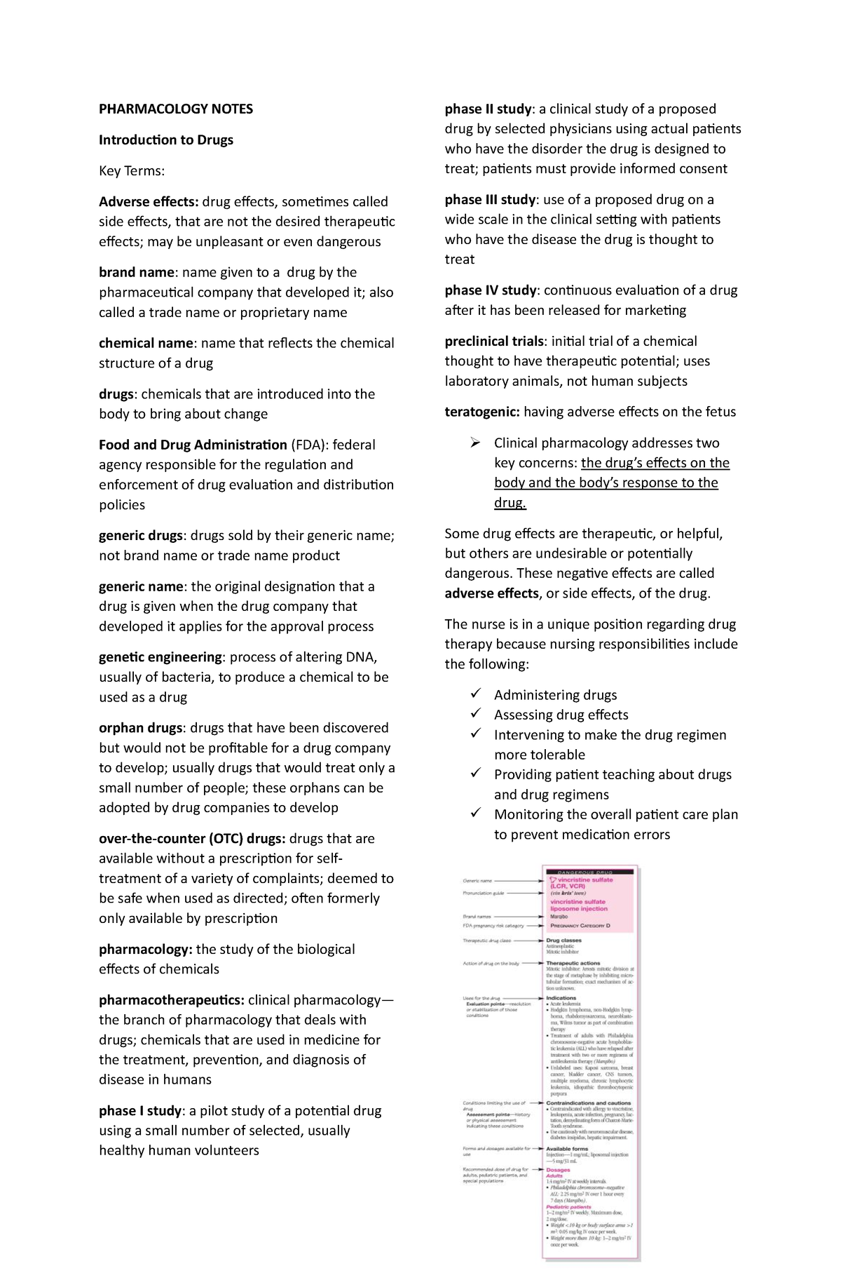 Pharmacology- Notes - PHARMACOLOGY NOTES Introduction to Drugs Key ...