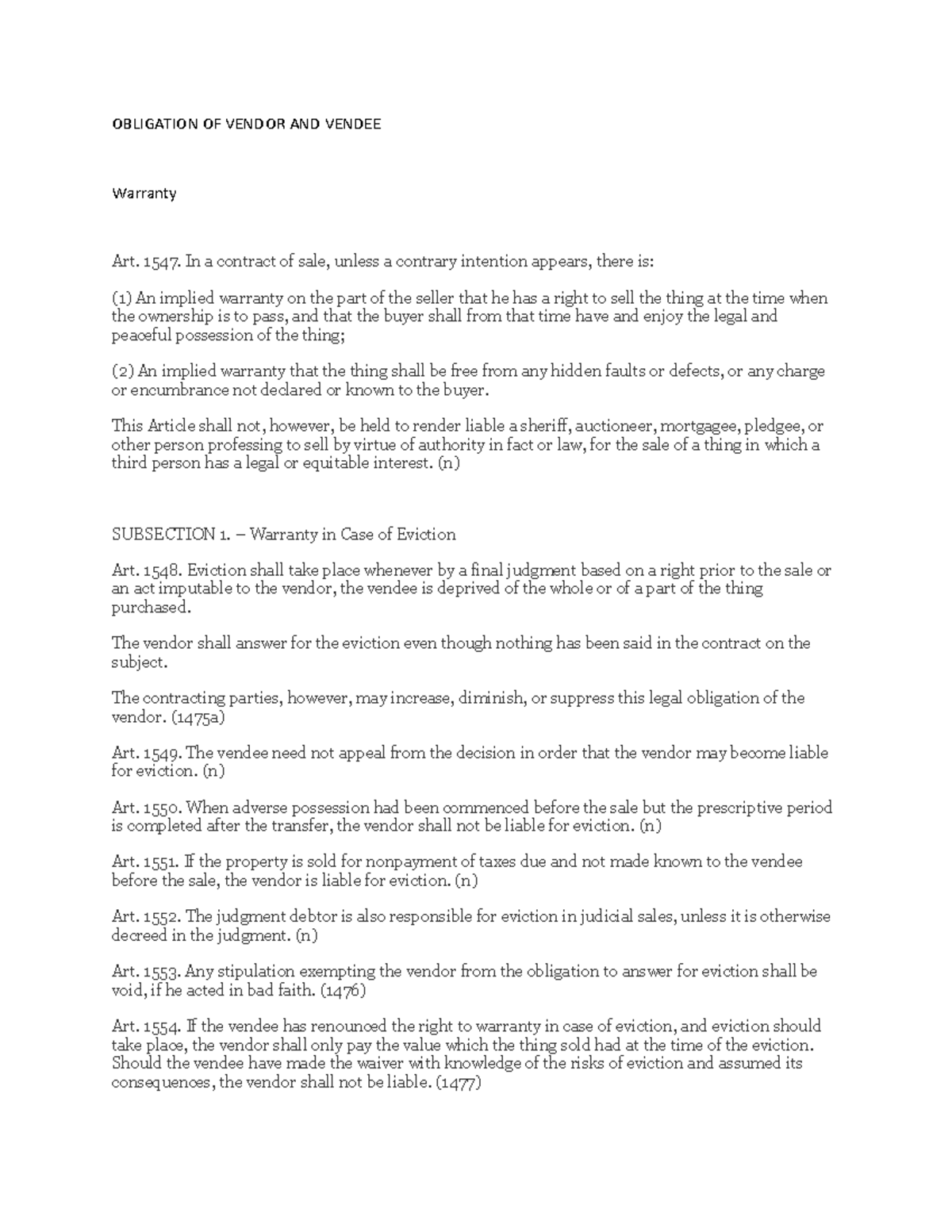 Recit 1 this is the notes OBLIGATION OF VENDOR AND VENDEE Warranty