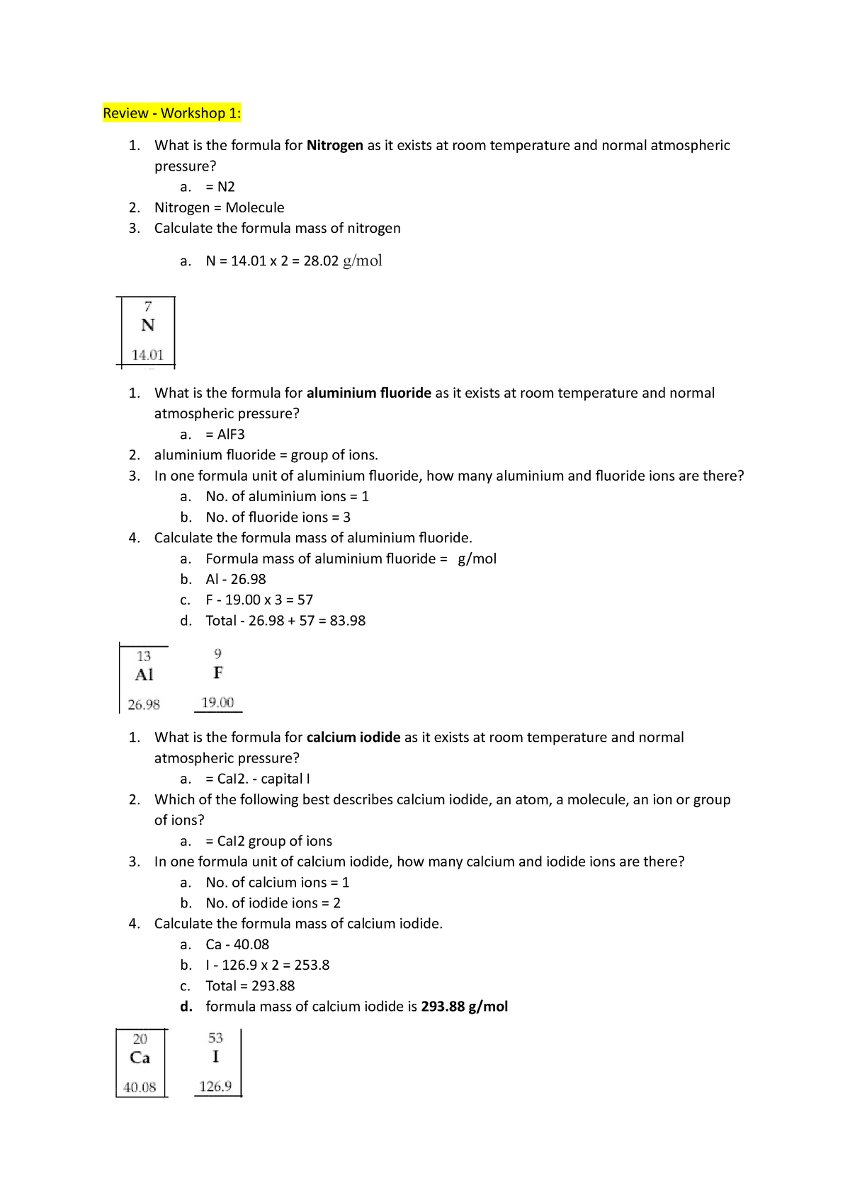 Review Chemistry - Review - Workshop 1: What is the formula for ...