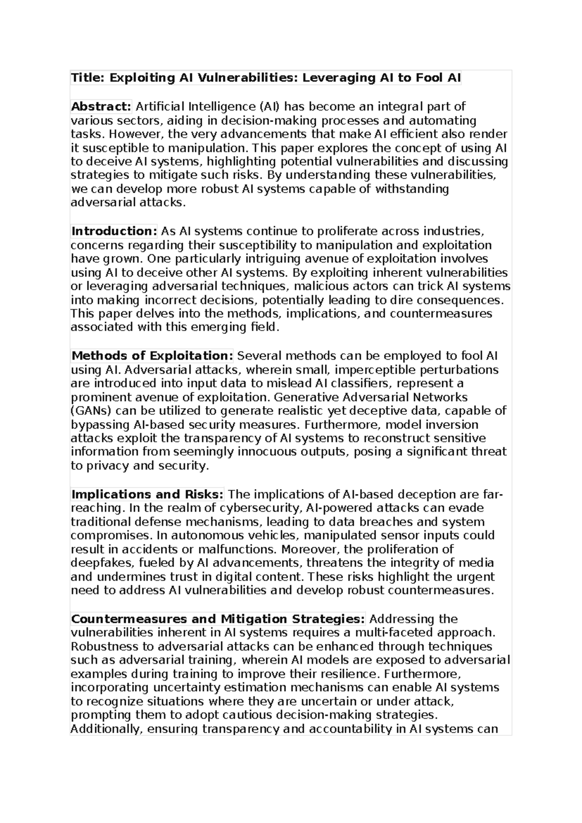 Studocu - Title: Exploiting AI Vulnerabilities: Leveraging AI to Fool ...