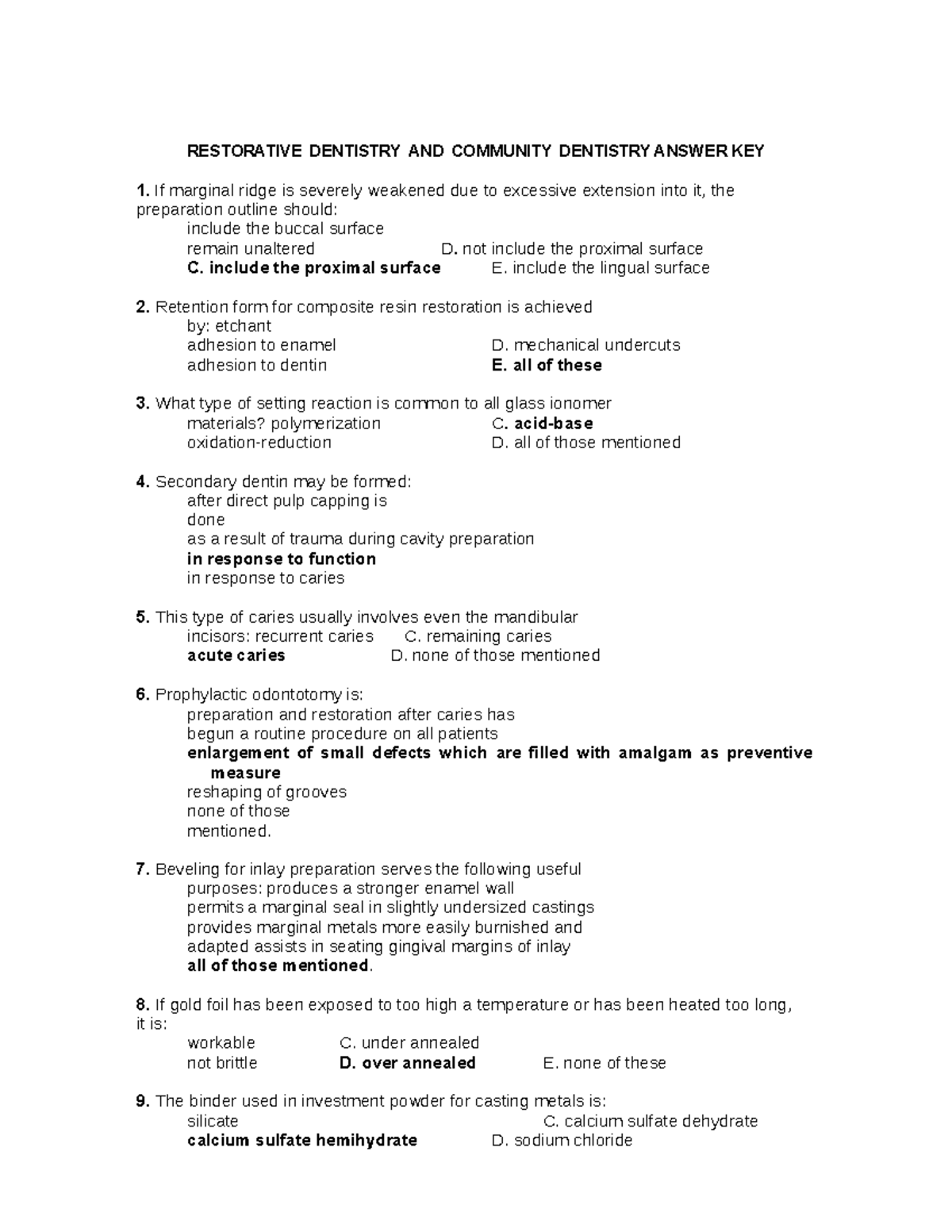 Dentistry Answer KEY 1 Lecture notes 1106 RESTORATIVE DENTISTRY