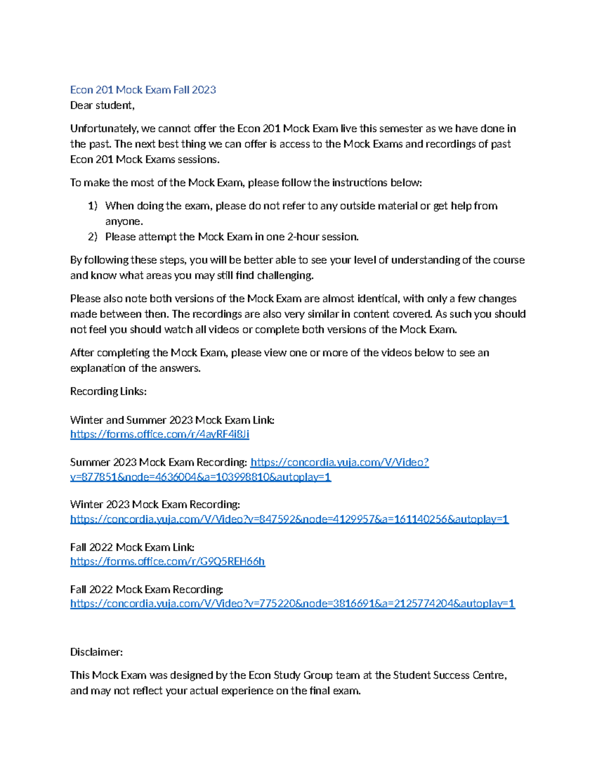 Econ 201 Mock Exam Links - Econ 201 Mock Exam Fall 2023 Dear student ...