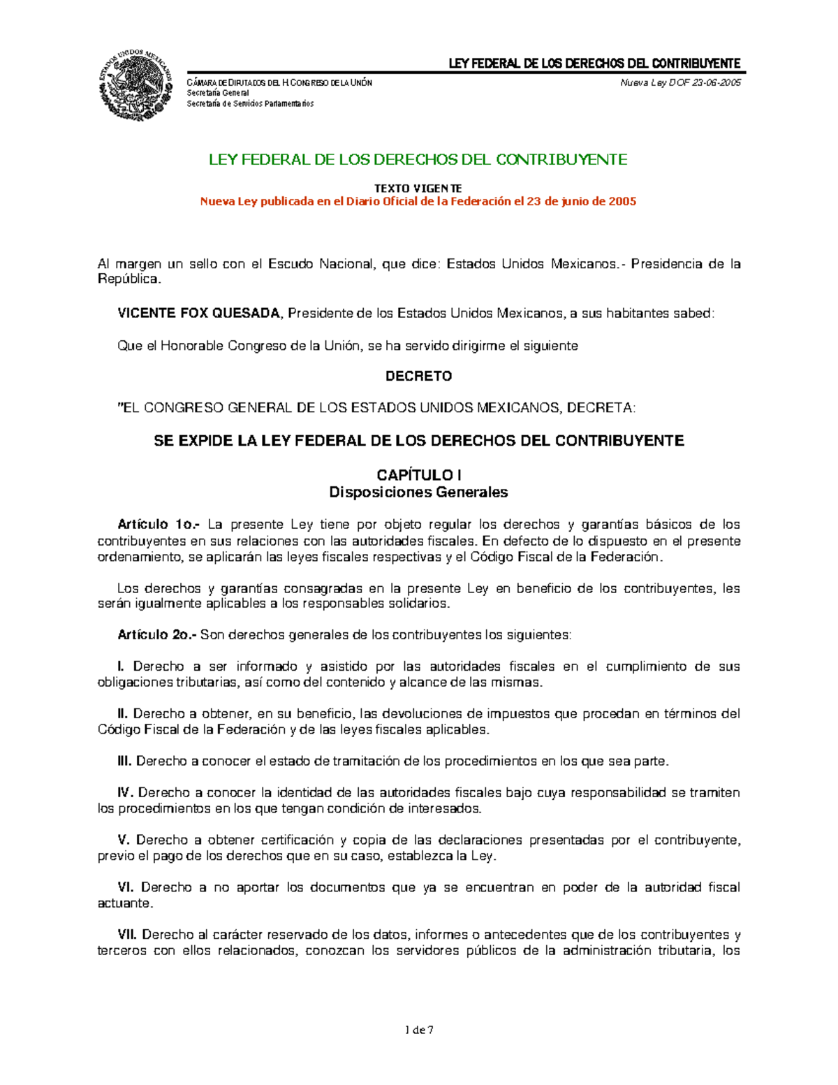 Ley Federal De Los Derechos Del Contribuyente CÁmara De Diputados Del H Congreso De La UniÓn