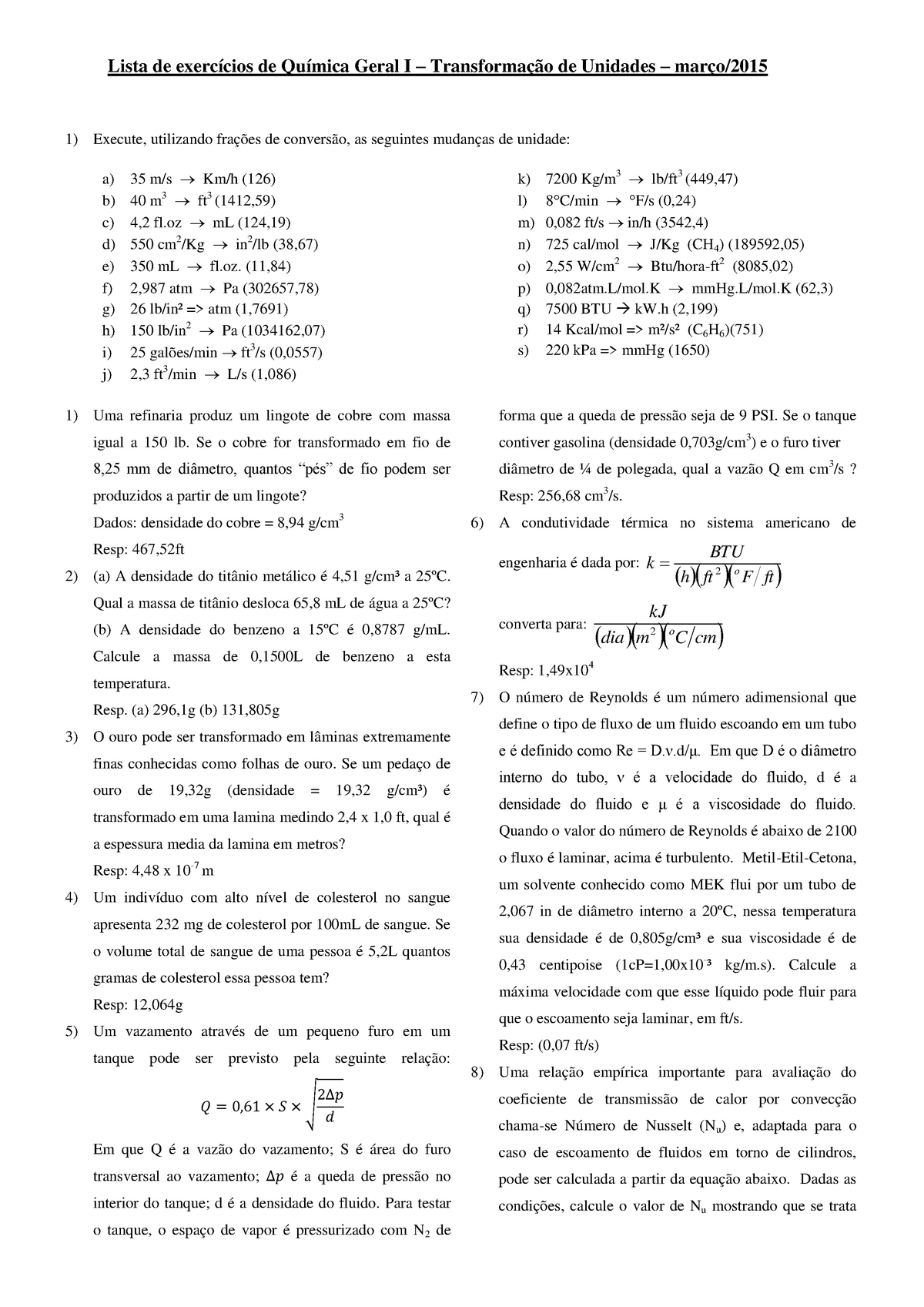 Lista De Exercicios Quimica Geral I Transformacao De Unidades Studocu