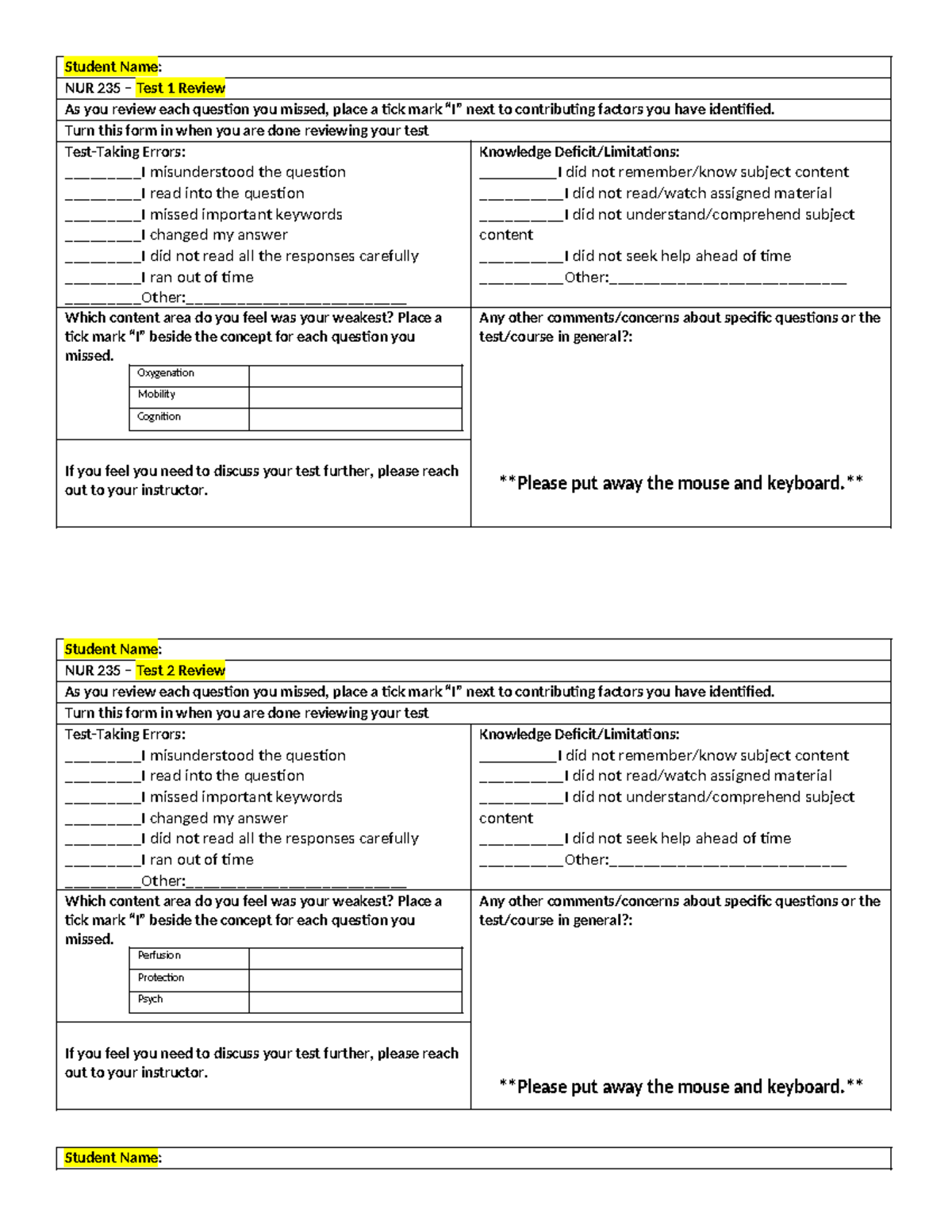 Test Review Forms 235 - testing content that will be on test - Student ...
