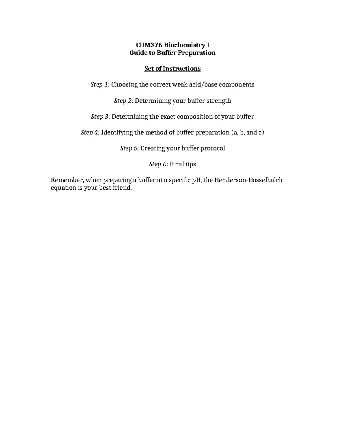 CHM376 Buffer Prep Guide - CHM376 Biochemistry I Guide to Buffer ...