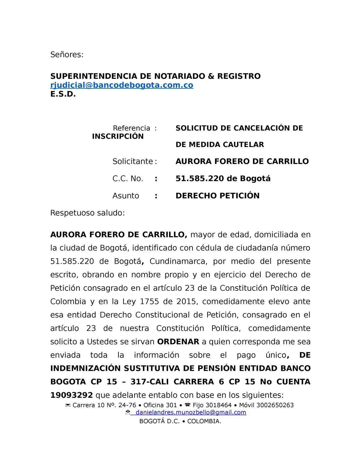 Derecho DE Peticion Banco Bogotá Sra Aurora Forero - Señores ...