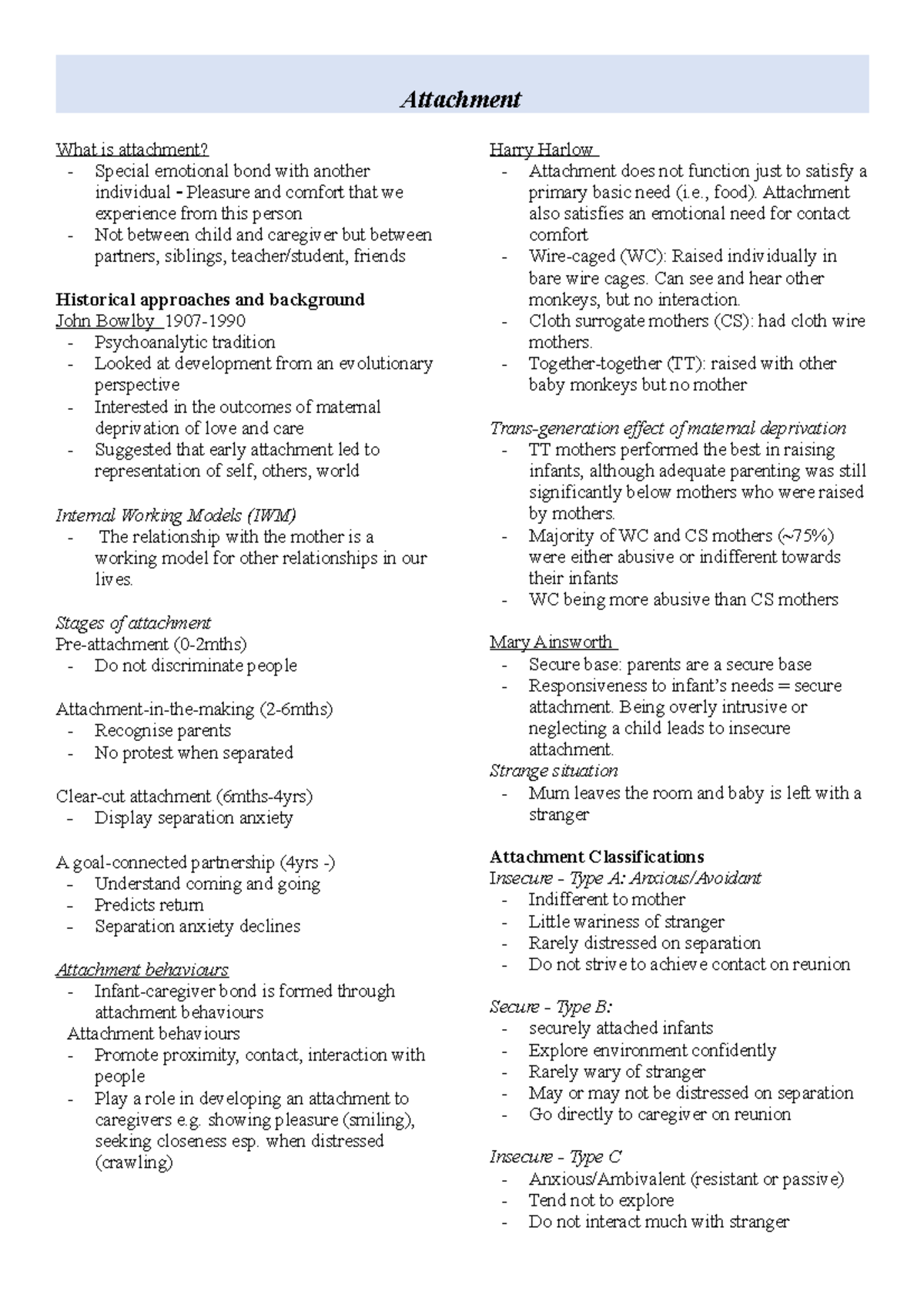Attachment theory study notes summary - Attachment What is attachment ...