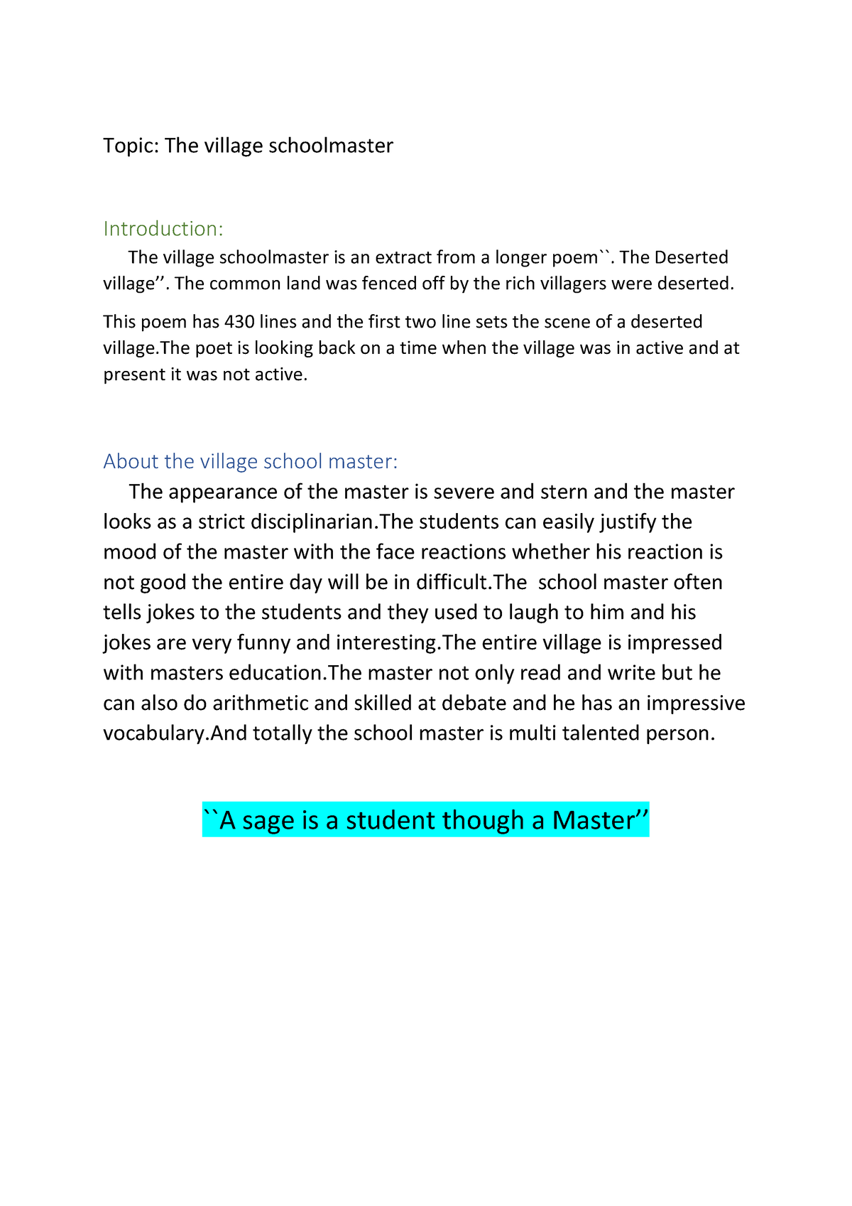 essay on village school master