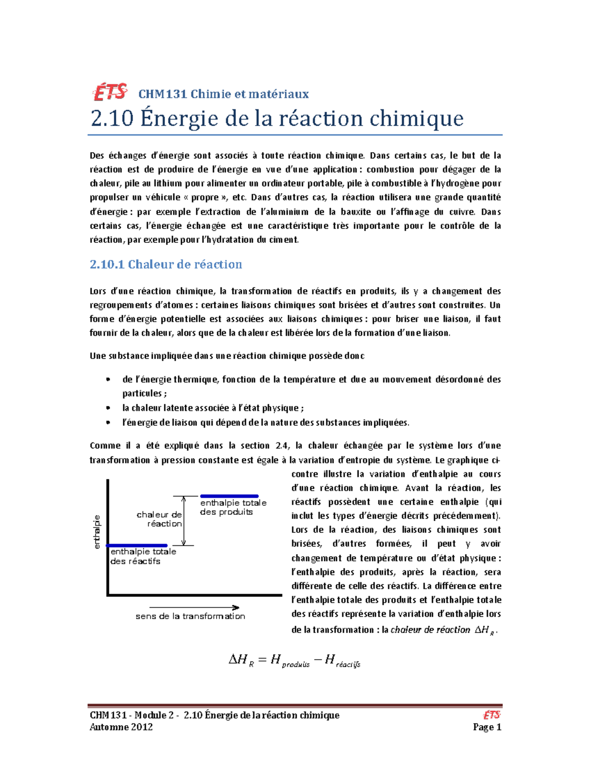 2-10 Énergie De La Réaction Chimique - Chm131 Chimie Et Matériaux 2 