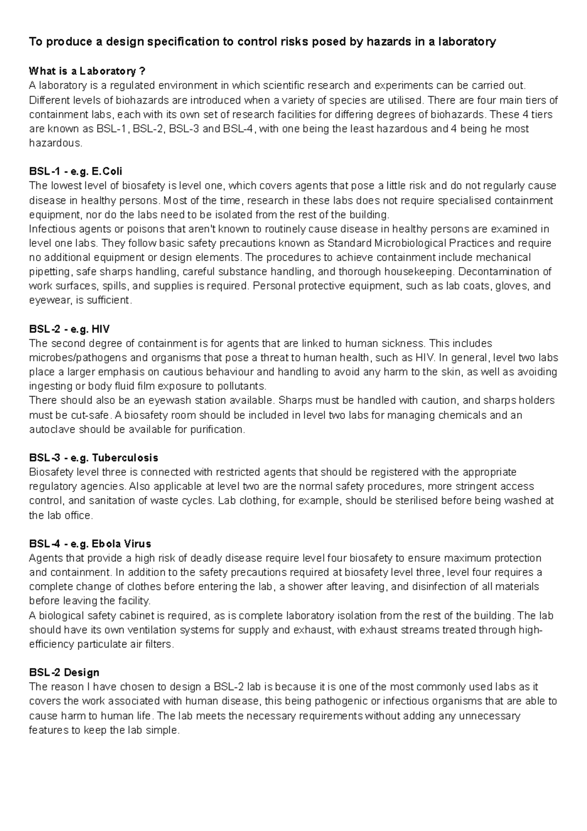 Unit 6 LO3 Completed LO3 for Unit 6 To produce a design specification to control risks