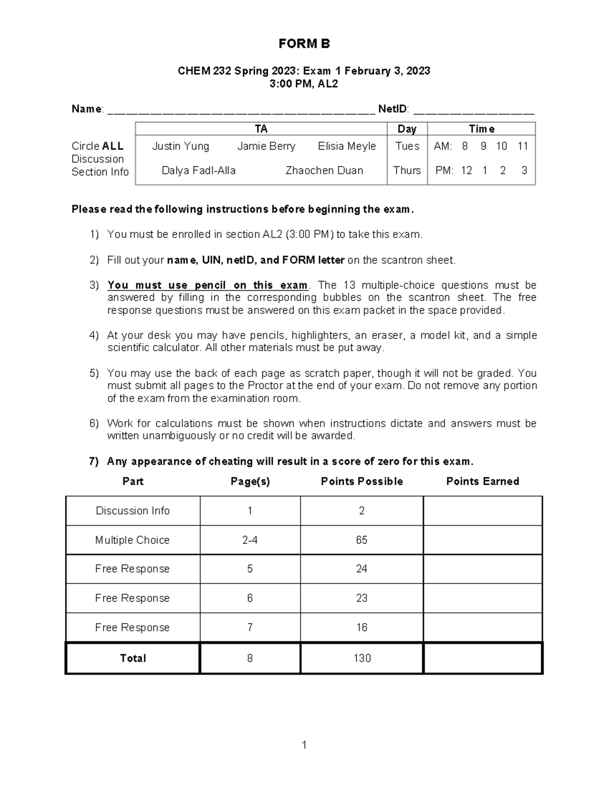 Exam 1 S2023 Form B - Practice Test/ Previous Exam - FORM B ...