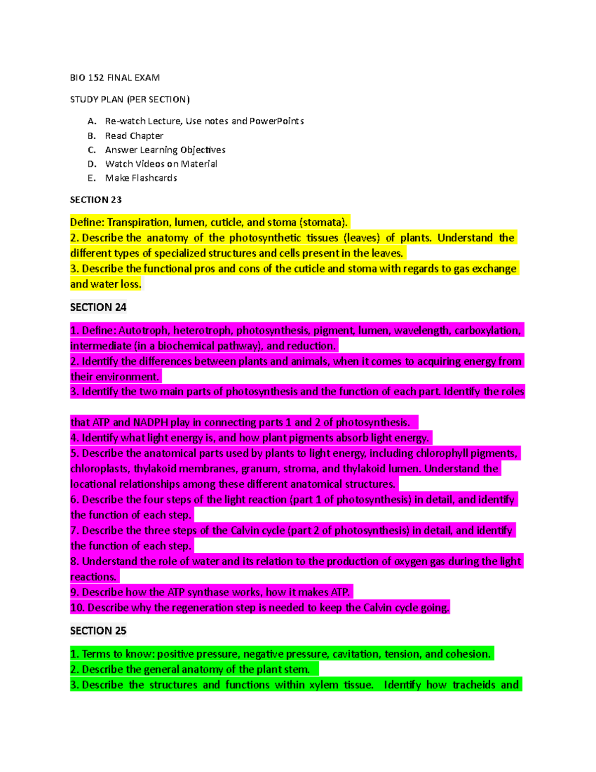 BIO 152 Final EXAM SG - Study Guide Questions And Materials. Units 23 ...