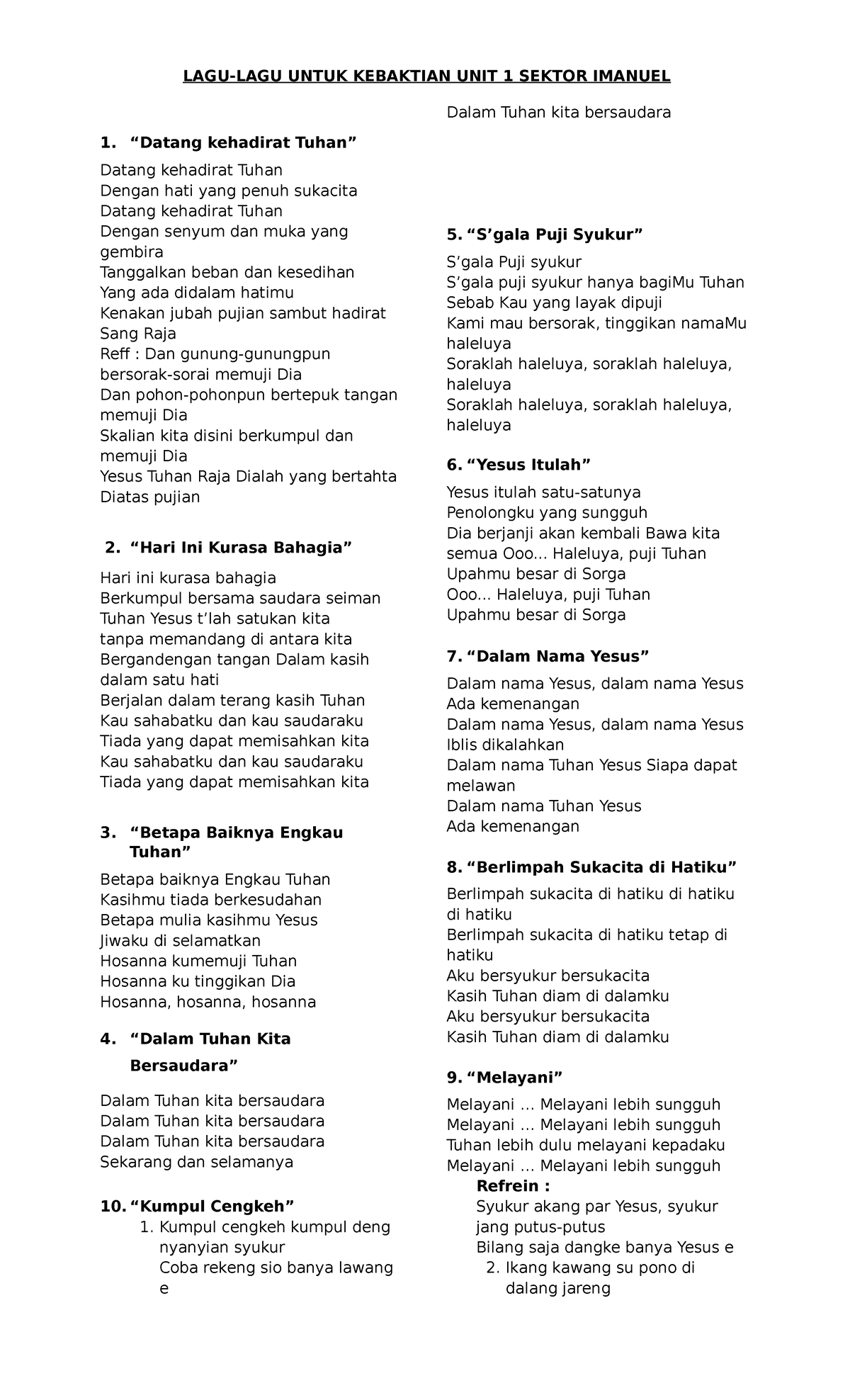 Lagu Puji-Pujian - Lagu untuk Ibadah - LAGU-LAGU UNTUK KEBAKTIAN UNIT 1