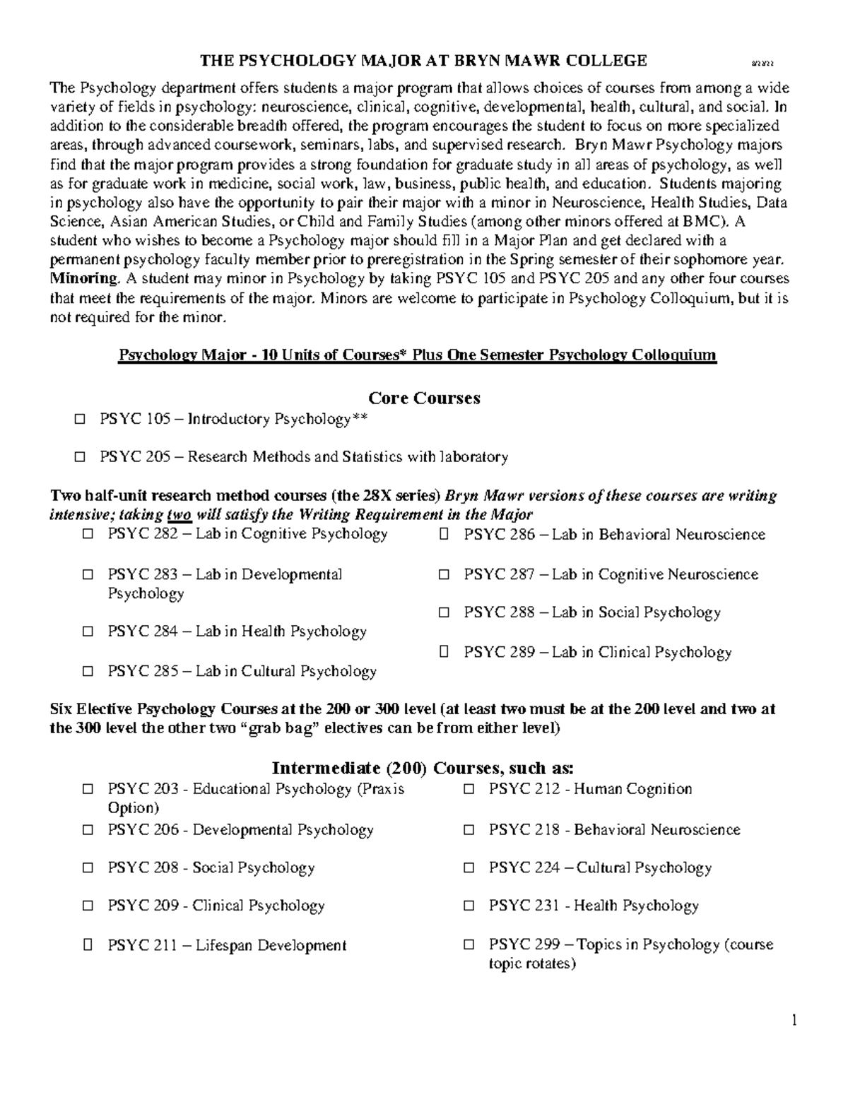 Psychology Major at Bryn Mawr College Studocu