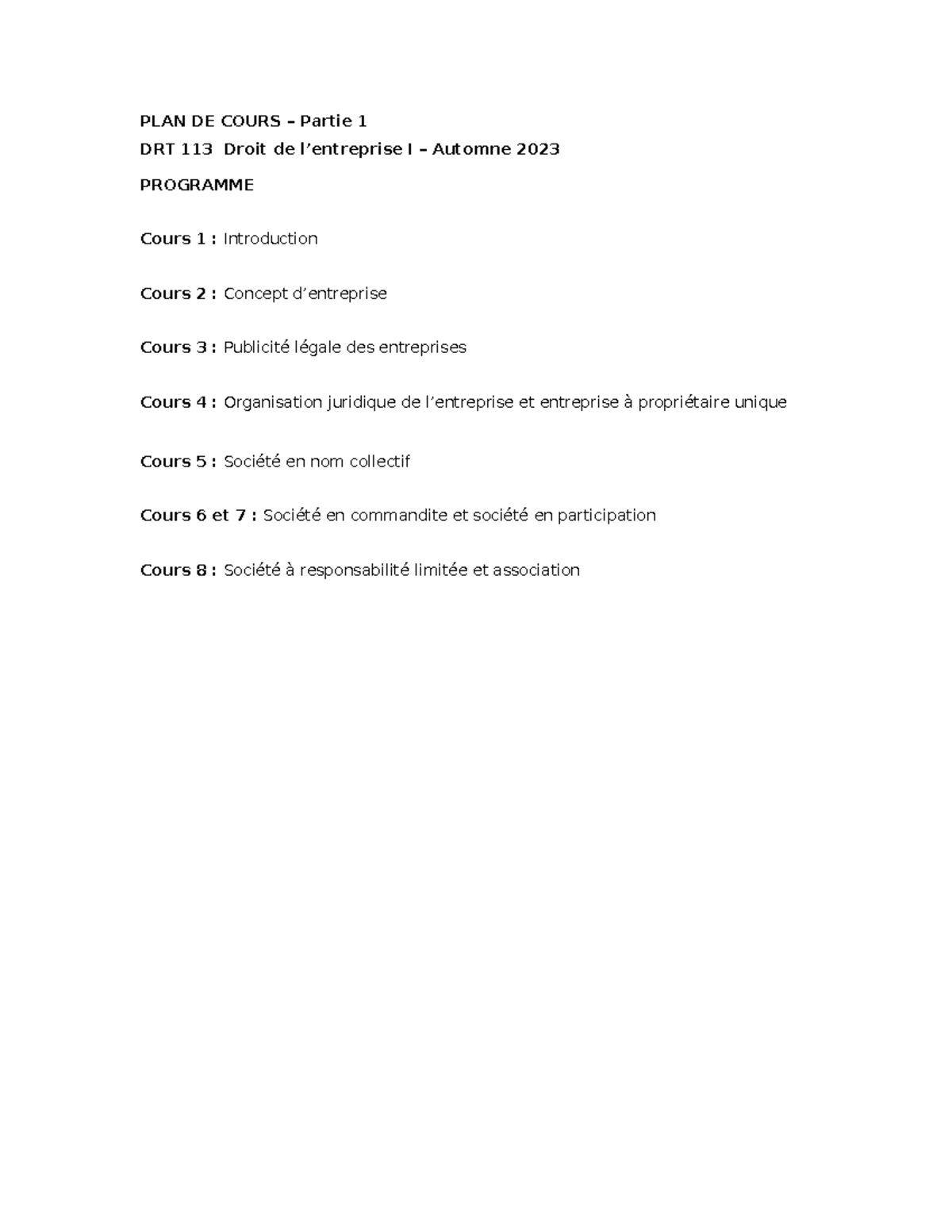 Cours 1 Entreprise - PLAN DE COURS – Partie 1 DRT 113 Droit de l ...