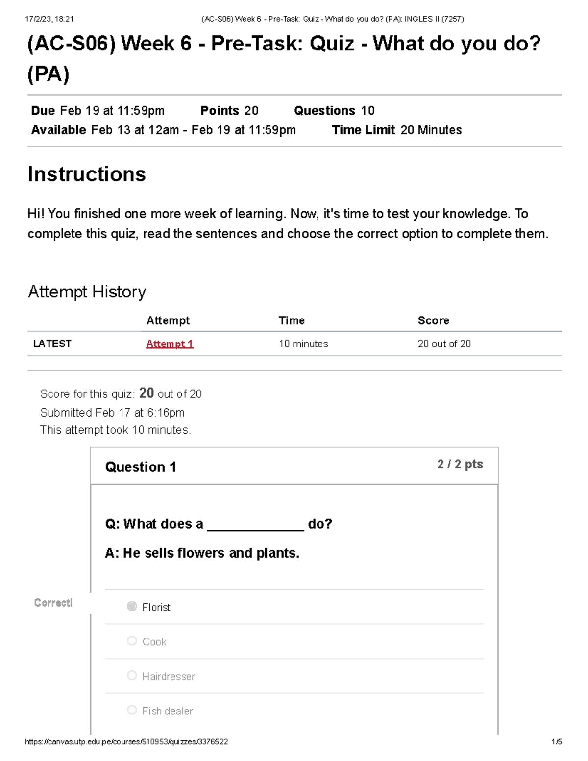 (AC-S06) Week 6 - Pre-Task Quiz - What do you do (PA) Ingles II (7257 ...