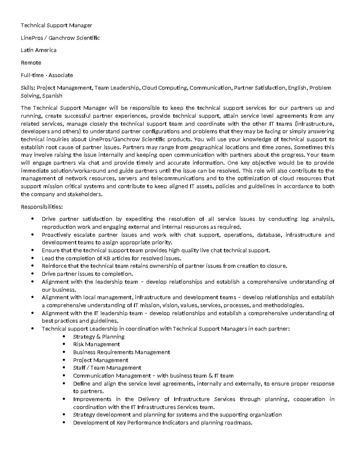 Technical Support Manager Role