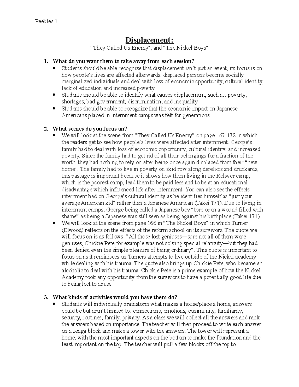 Final project - lesson plans based on class reading - Displacement ...