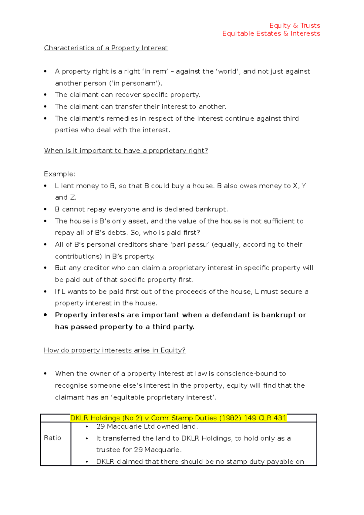 Equitable Estates and Interests - Lecture Notes - Equitable Estates ...
