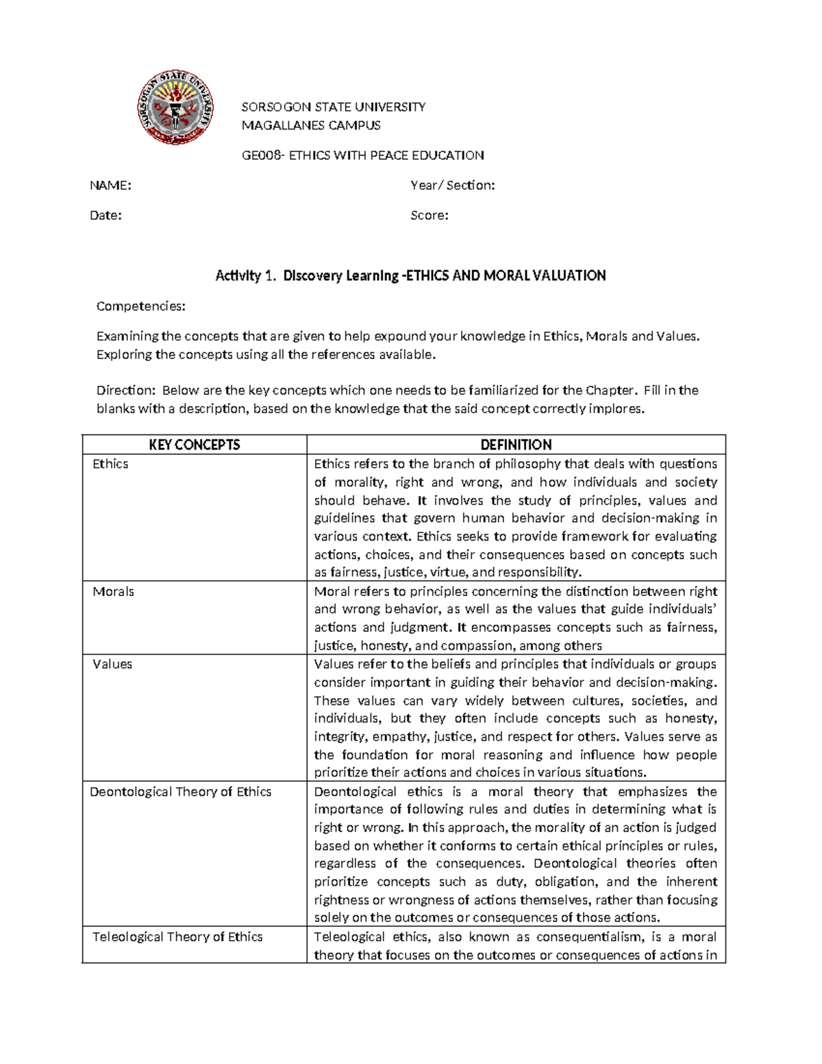 Activity 1 Ethics - SORSOGON STATE UNIVERSITY MAGALLANES CAMPUS GE008 ...