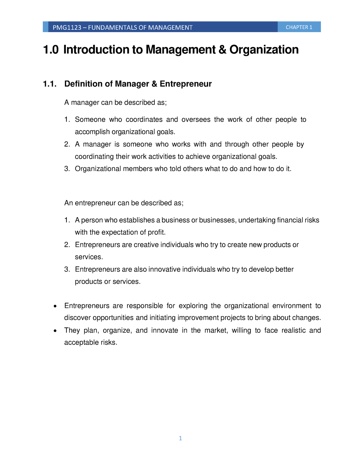 Chapter 1 - Introduction to Management - 1 Introduction to Management ...