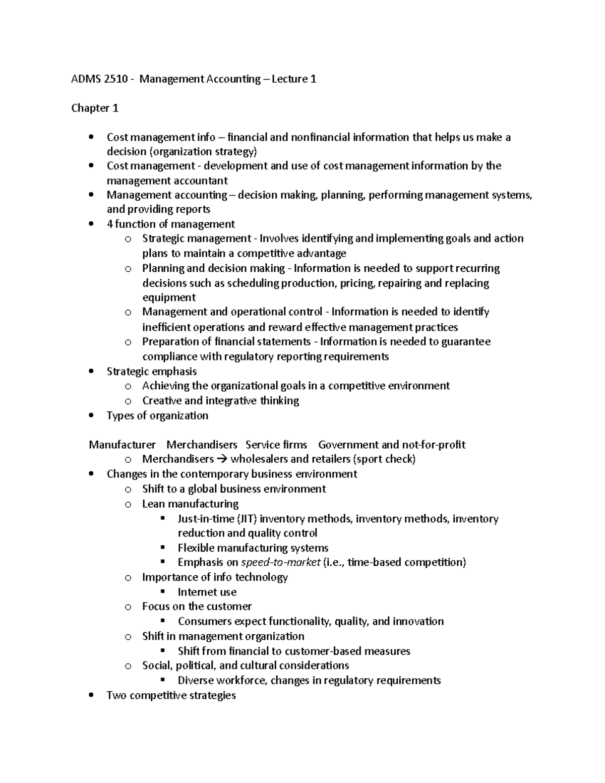 Lecture 1 - ADMS 2510 - Management Accounting – Lecture 1 Chapter 1 ...