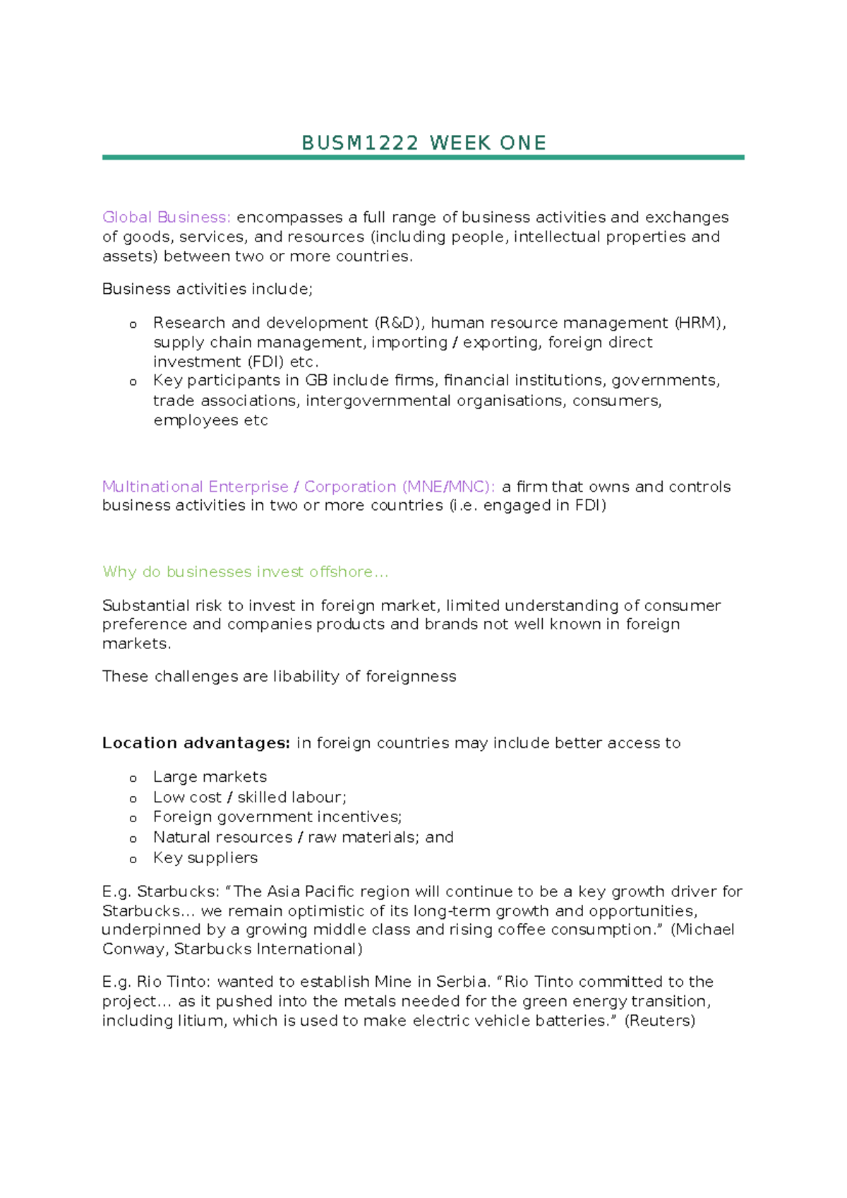BUSM1222 week one - Pre class notes from lecture - BUSM1222 WEEK ONE ...