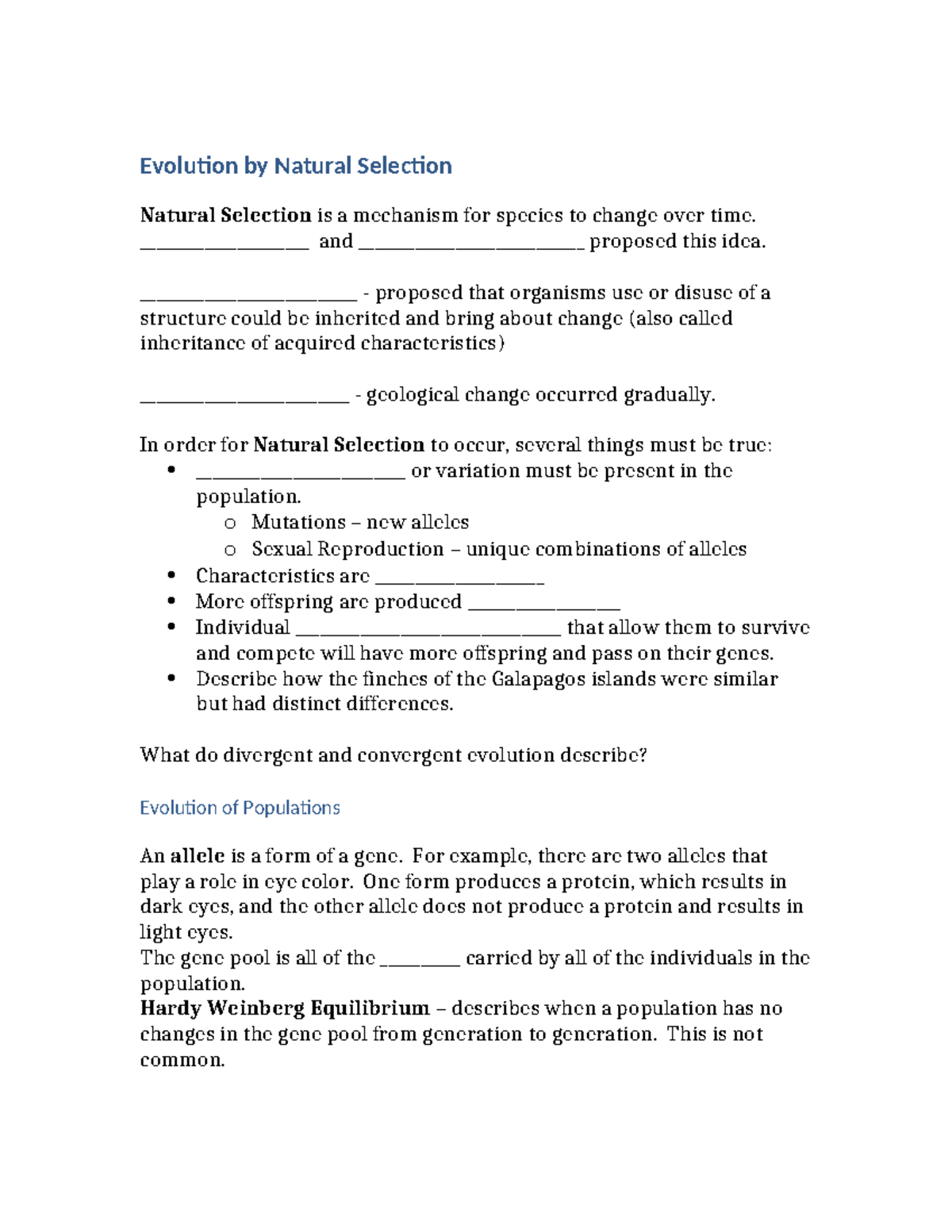 Lesson 15 Study Guide Biol 1408(1) - Evolution by Natural Selection ...
