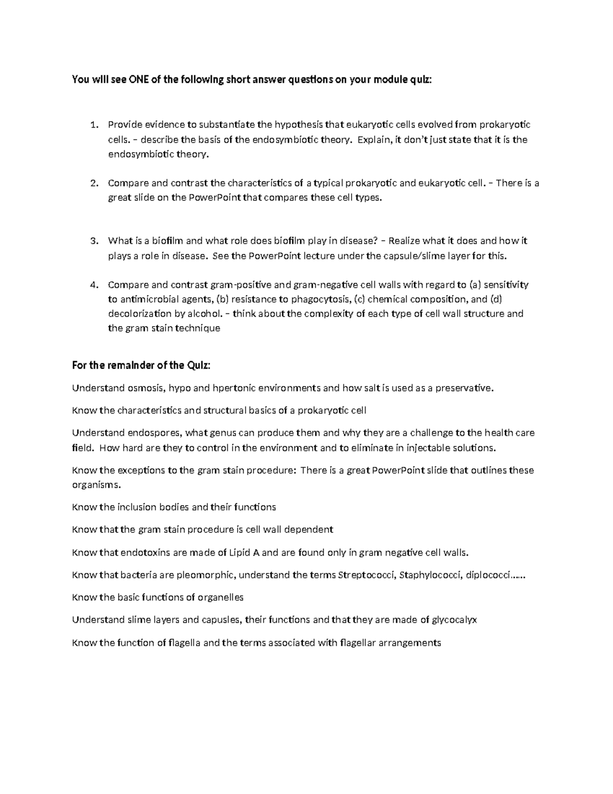 Module 2 review sheet - You will see ONE of the following short answer ...