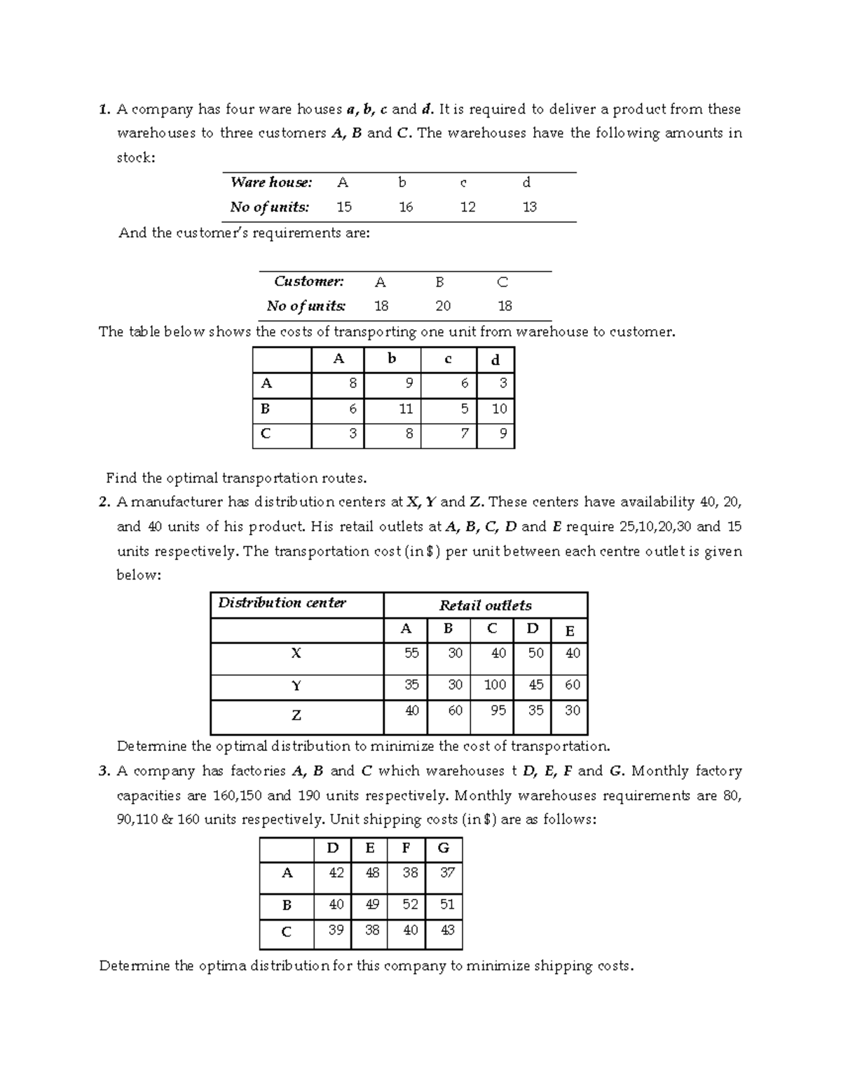 OR workseet on Transportation Model - 1. A company has four ware houses ...