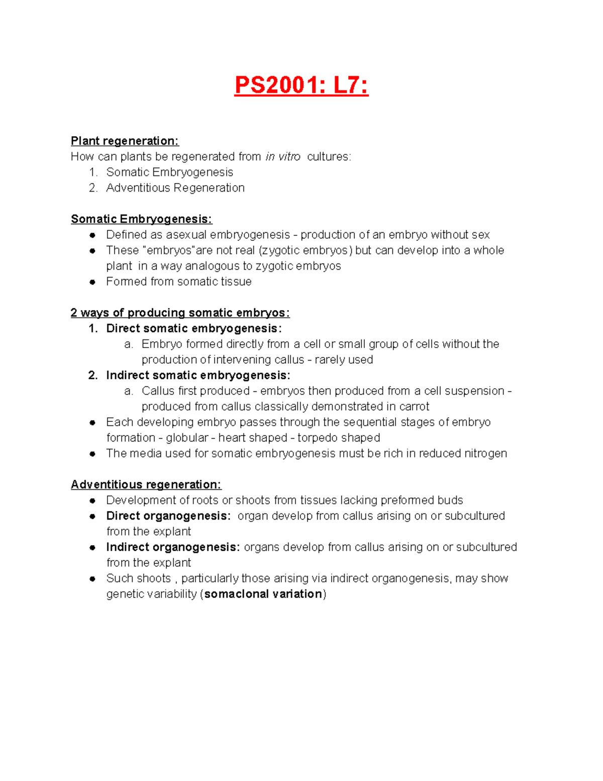 PS2001 L7 lecture notes PS2001 L7 Plant regeneration How can